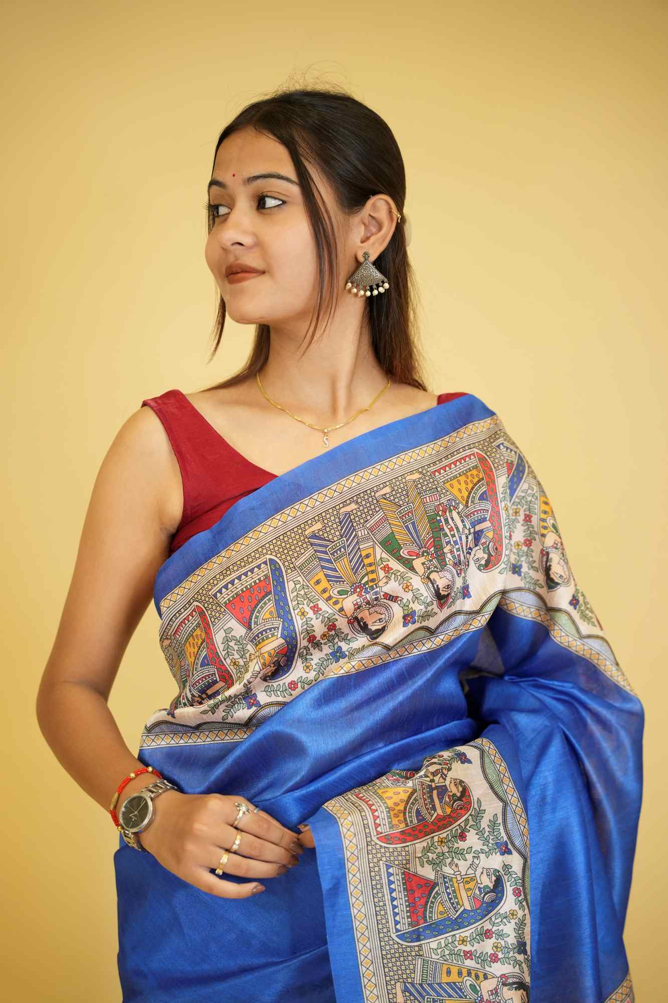 Elegant Blue Semi Ghicha Tussar Silk Saree with Madhubani ready to wear saree
