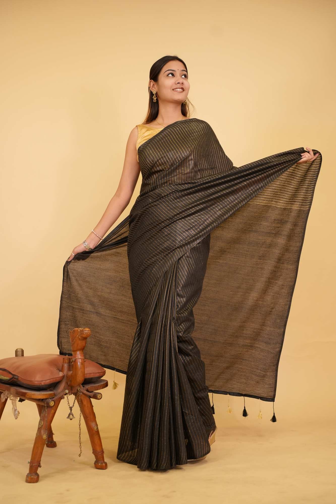 Pre Drape Classy Bhagalpuri Cotton Silk With Zari Stripes & Tassels On Palla Saree