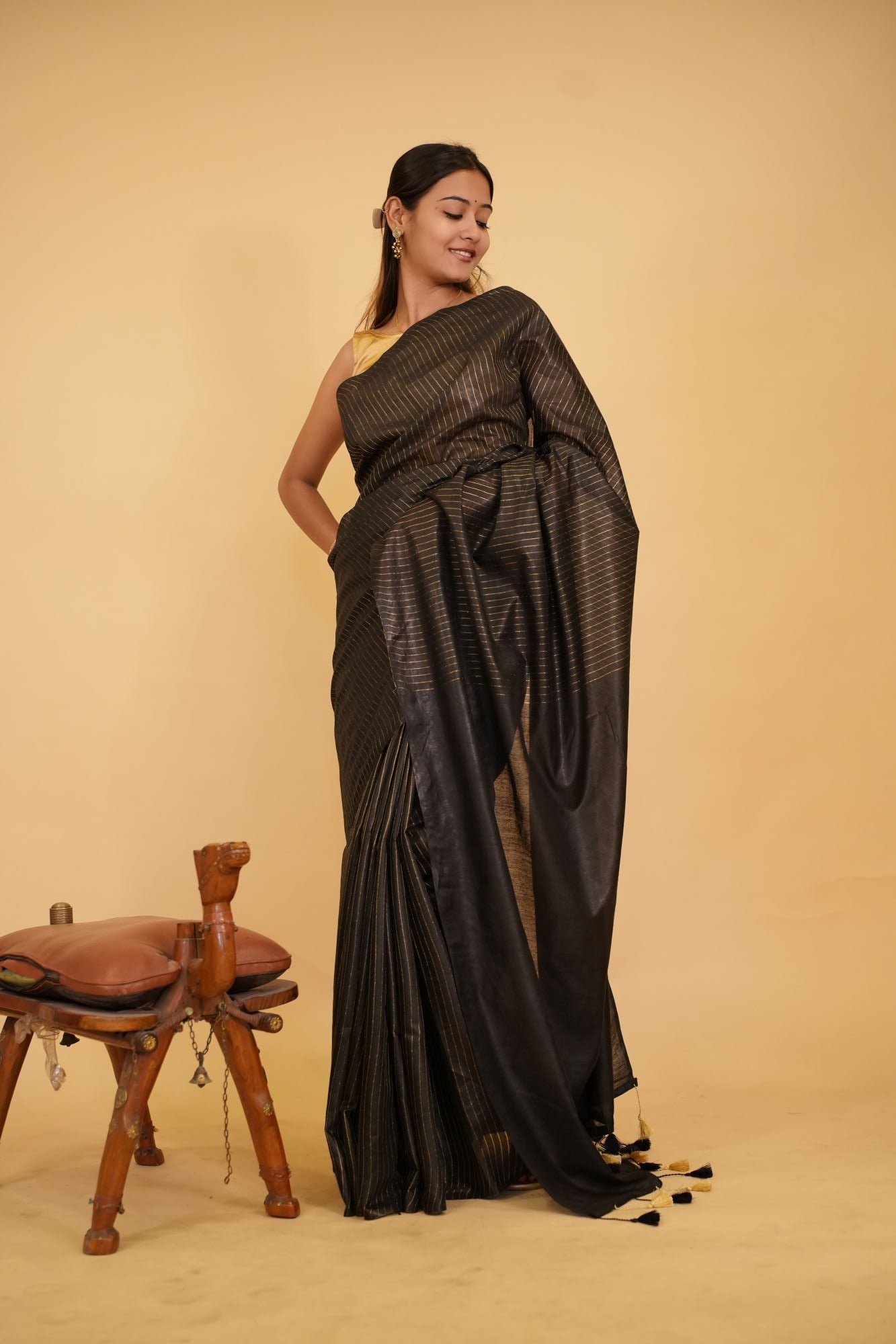 Pre Drape Classy Bhagalpuri Cotton Silk With Zari Stripes & Tassels On Palla Saree