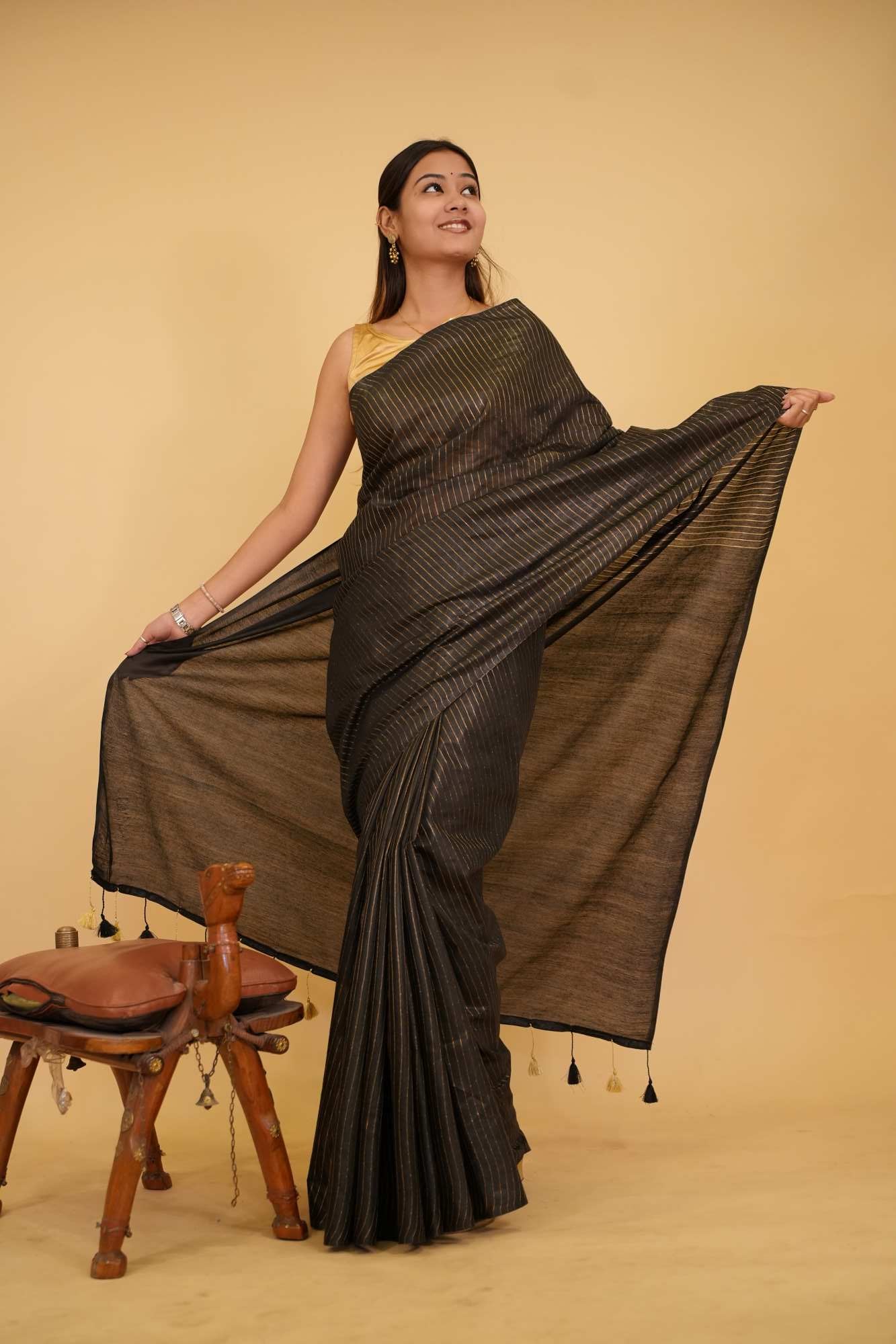 Pre Drape Classy Bhagalpuri Cotton Silk With Zari Stripes & Tassels On Palla Saree