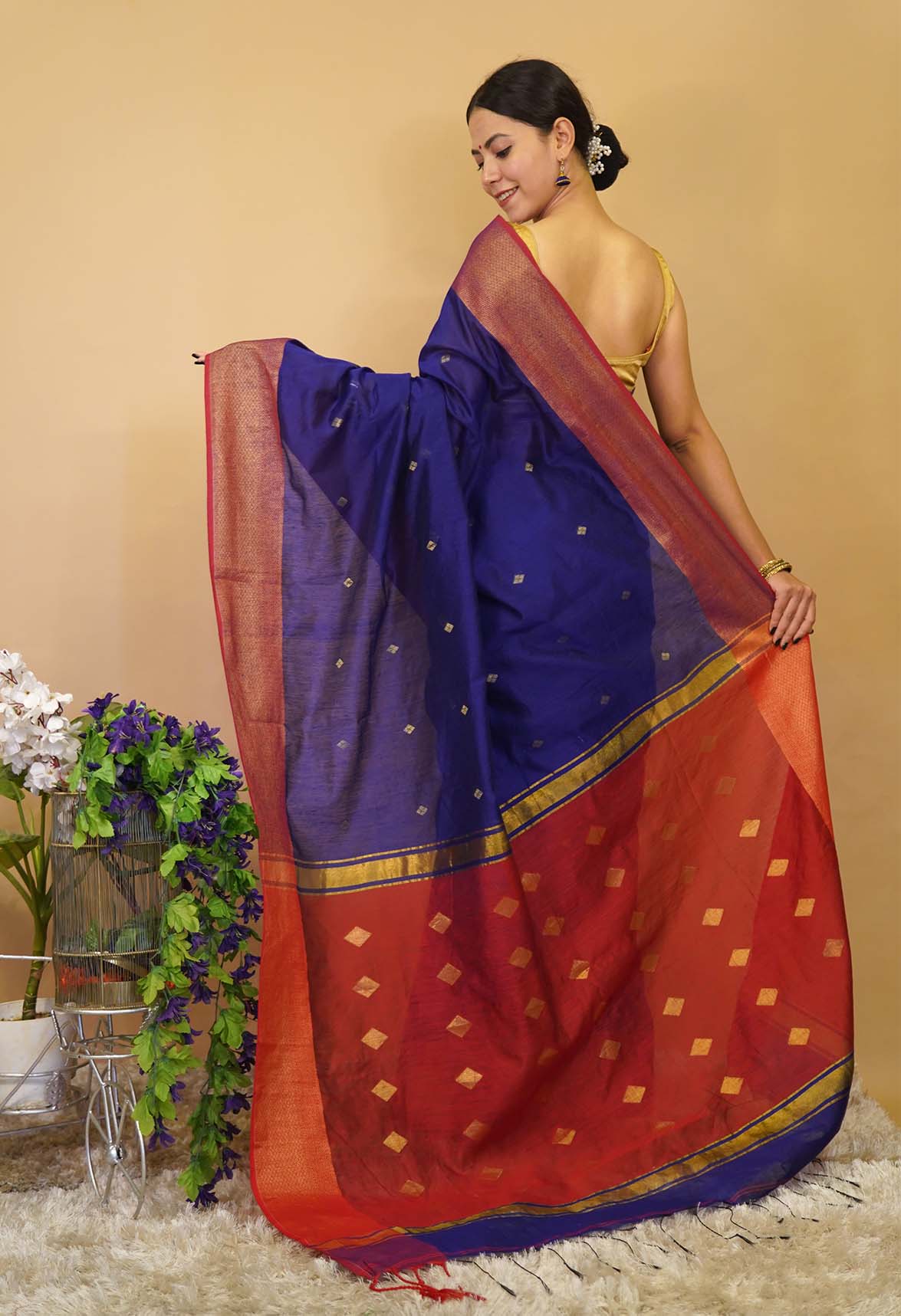 Blue With Marooon Palla Traditional Maheshwari Cotton Silk Zari Border Wrap in 1 minute saree