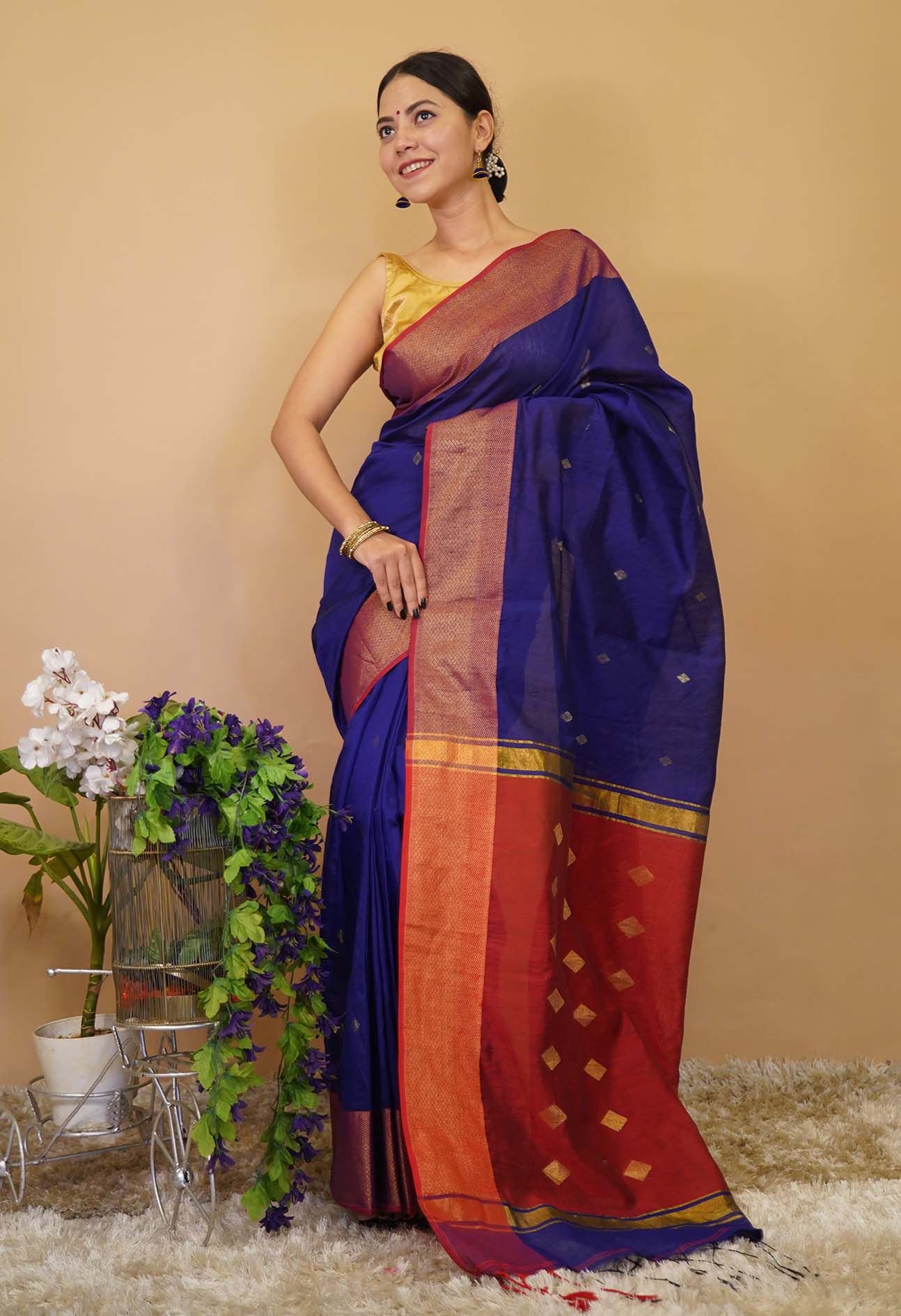 Blue With Marooon Palla Traditional Maheshwari Cotton Silk Zari Border Wrap in 1 minute saree