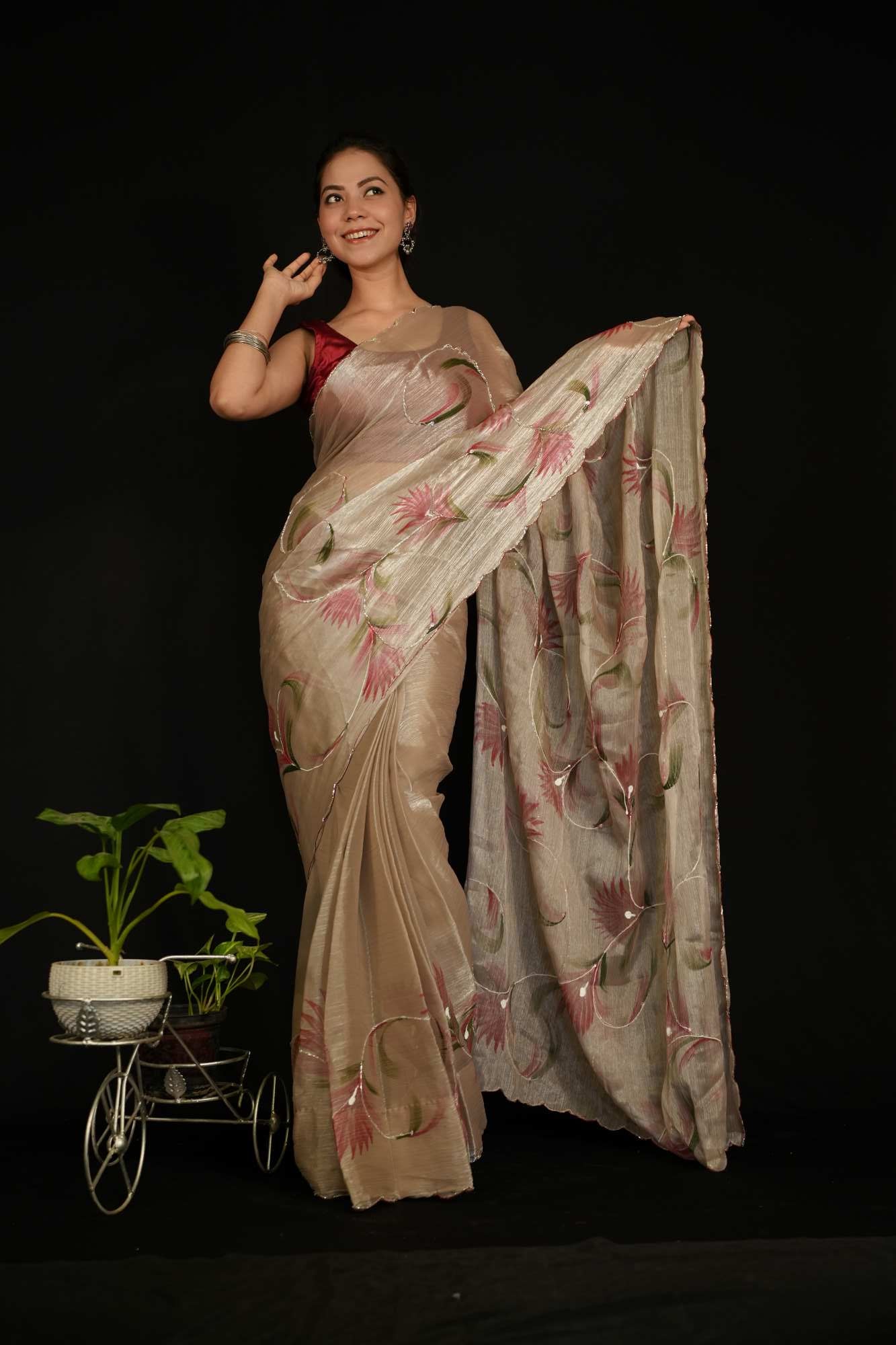 Luxurious Jimmy Choo Saree with Floral Print & Scallop border Wrap in 1 Minute Saree