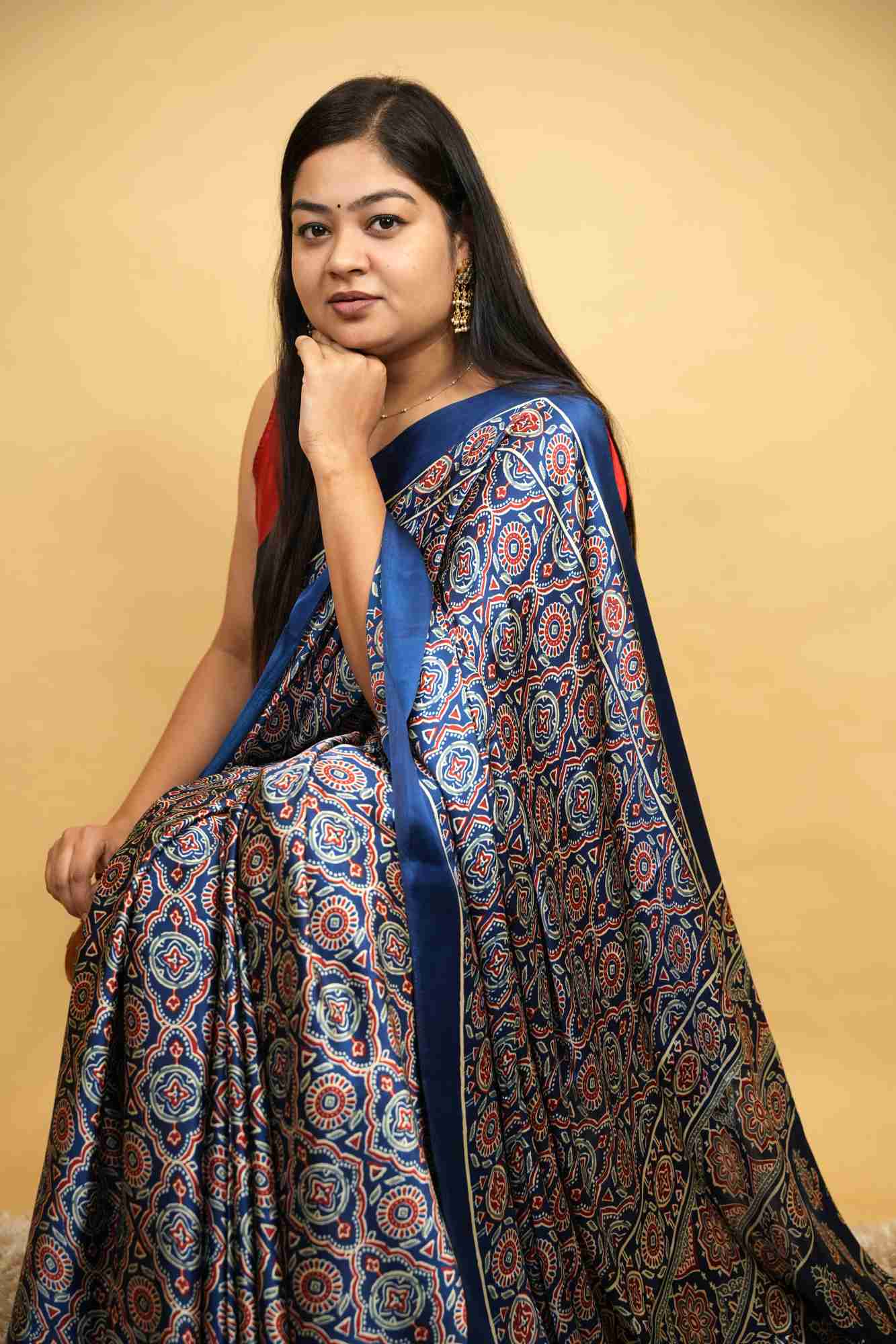 Modal Crepe silk  With All Over Ajrakh Printed Ready To Wear Saree