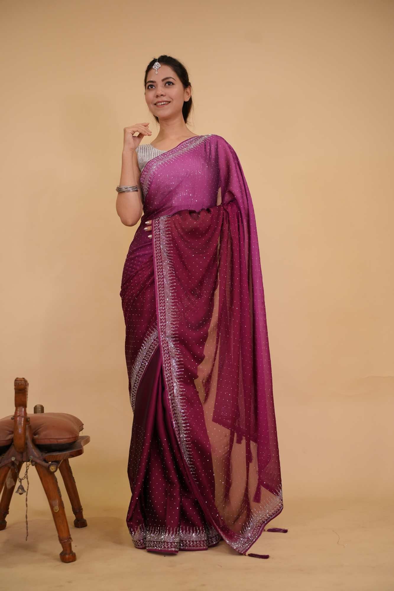 Stylish Dual Shade Soft Premium Satin Silk With Stone Embellished Overall With Detail  Border Ready To Wear Saree