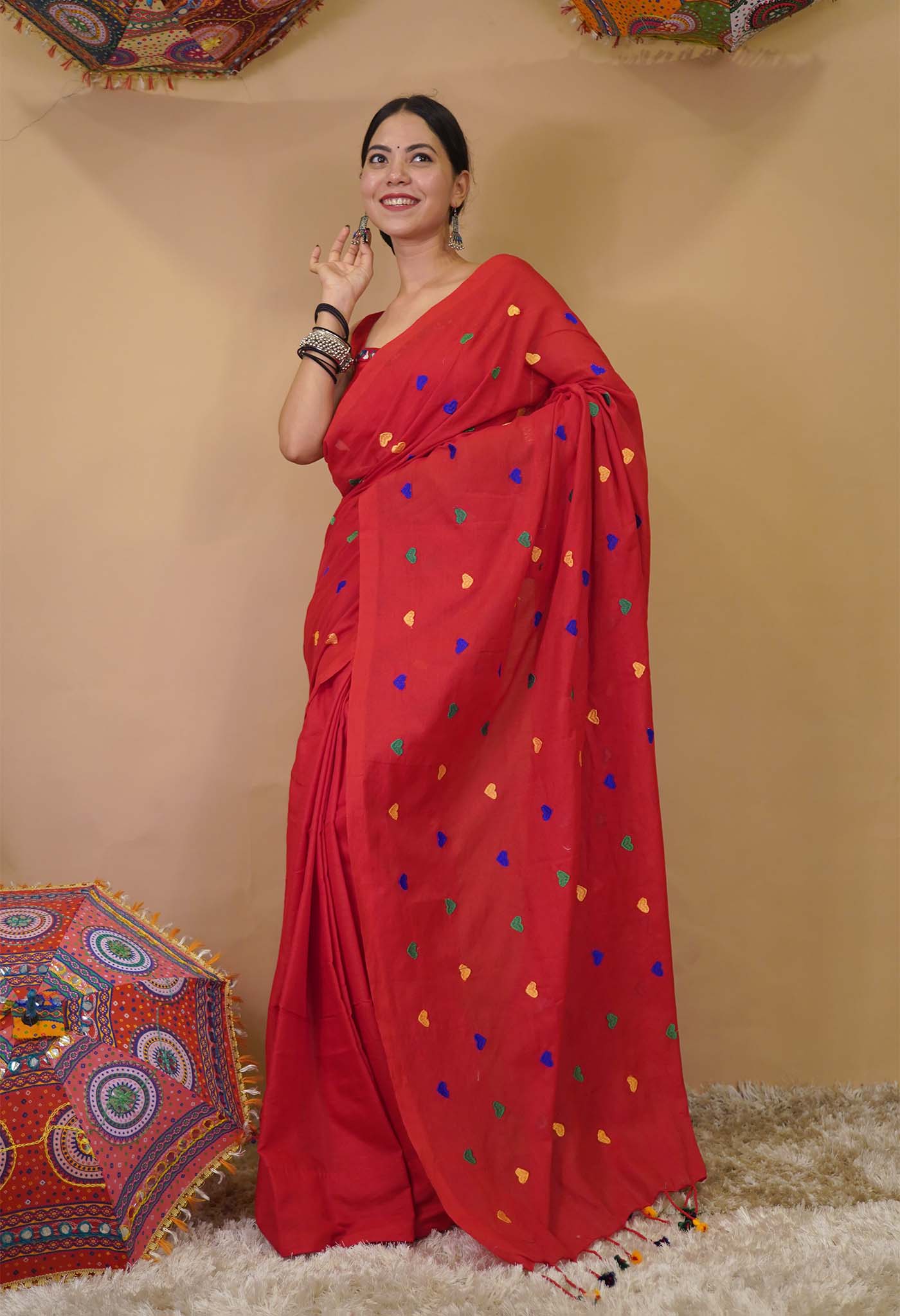 Beautiful Red With  Multicolor Heart Embroidered Overall Soft Khadi Cotton & Tassels On Pallu Ready To Wear Saree