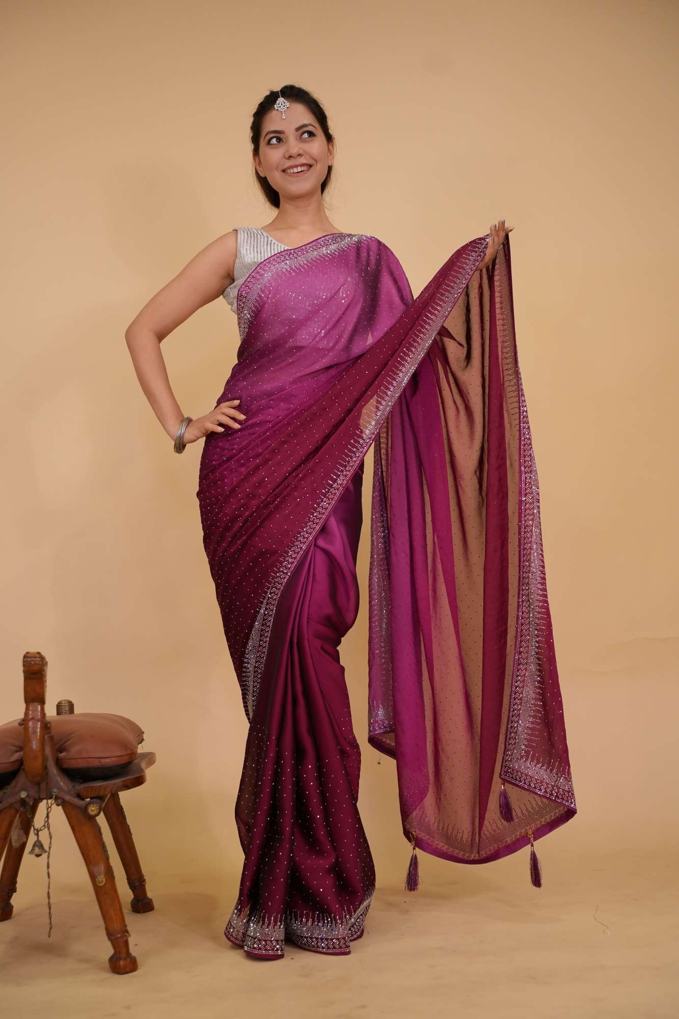 Stylish Dual Shade Soft Premium Satin Silk With Stone Embellished Overall With Detail  Border Ready To Wear Saree