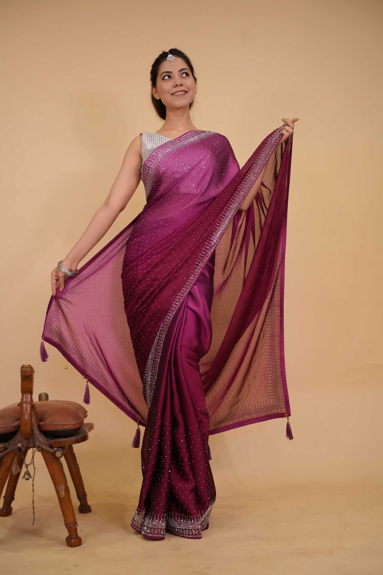 Stylish Dual Shade Soft Premium Satin Silk With Stone Embellished Overall With Detail  Border Ready To Wear Saree