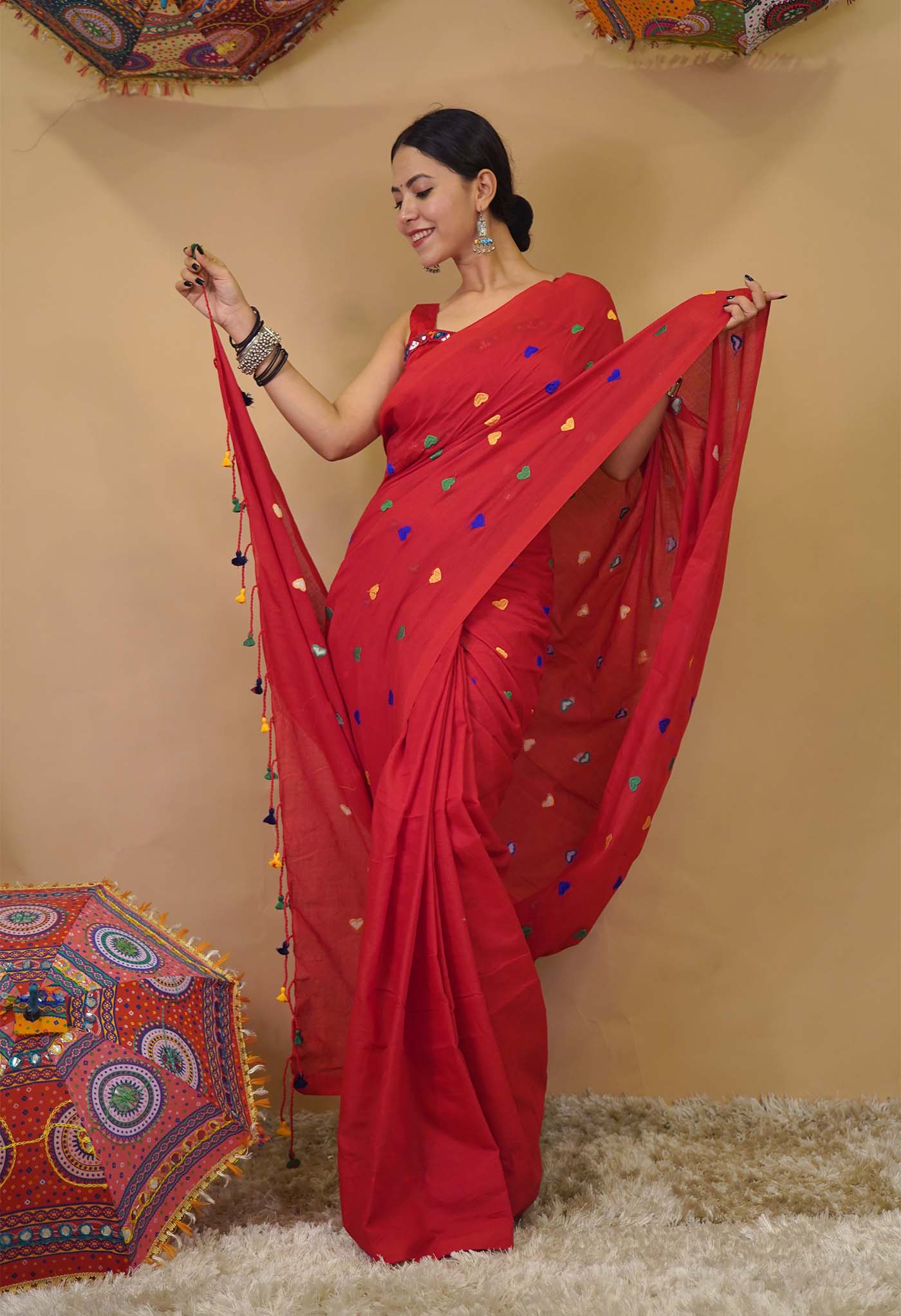 Beautiful Red With  Multicolor Heart Embroidered Overall Soft Khadi Cotton & Tassels On Pallu Ready To Wear Saree