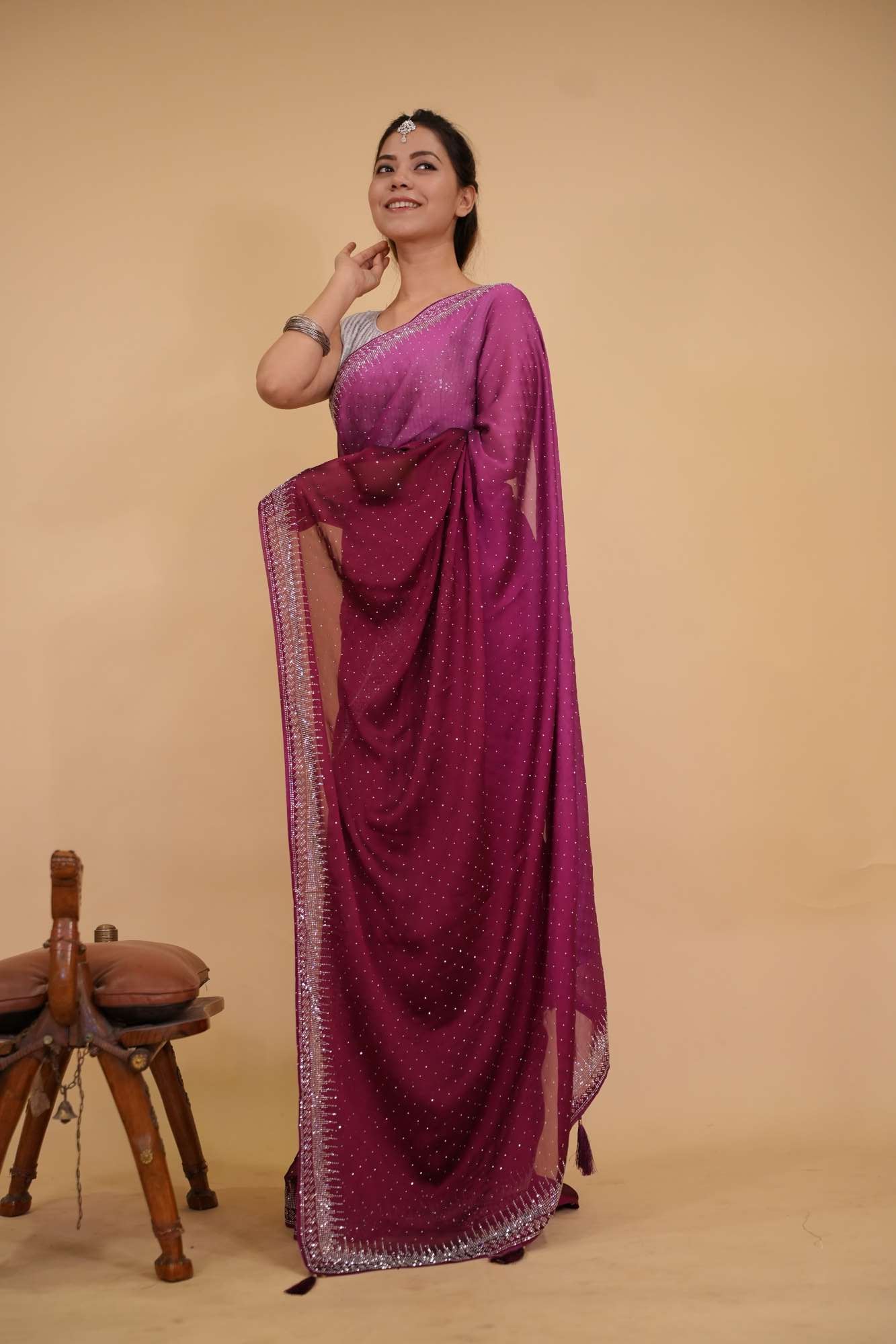 Stylish Dual Shade Soft Premium Satin Silk With Stone Embellished Overall With Detail  Border Ready To Wear Saree