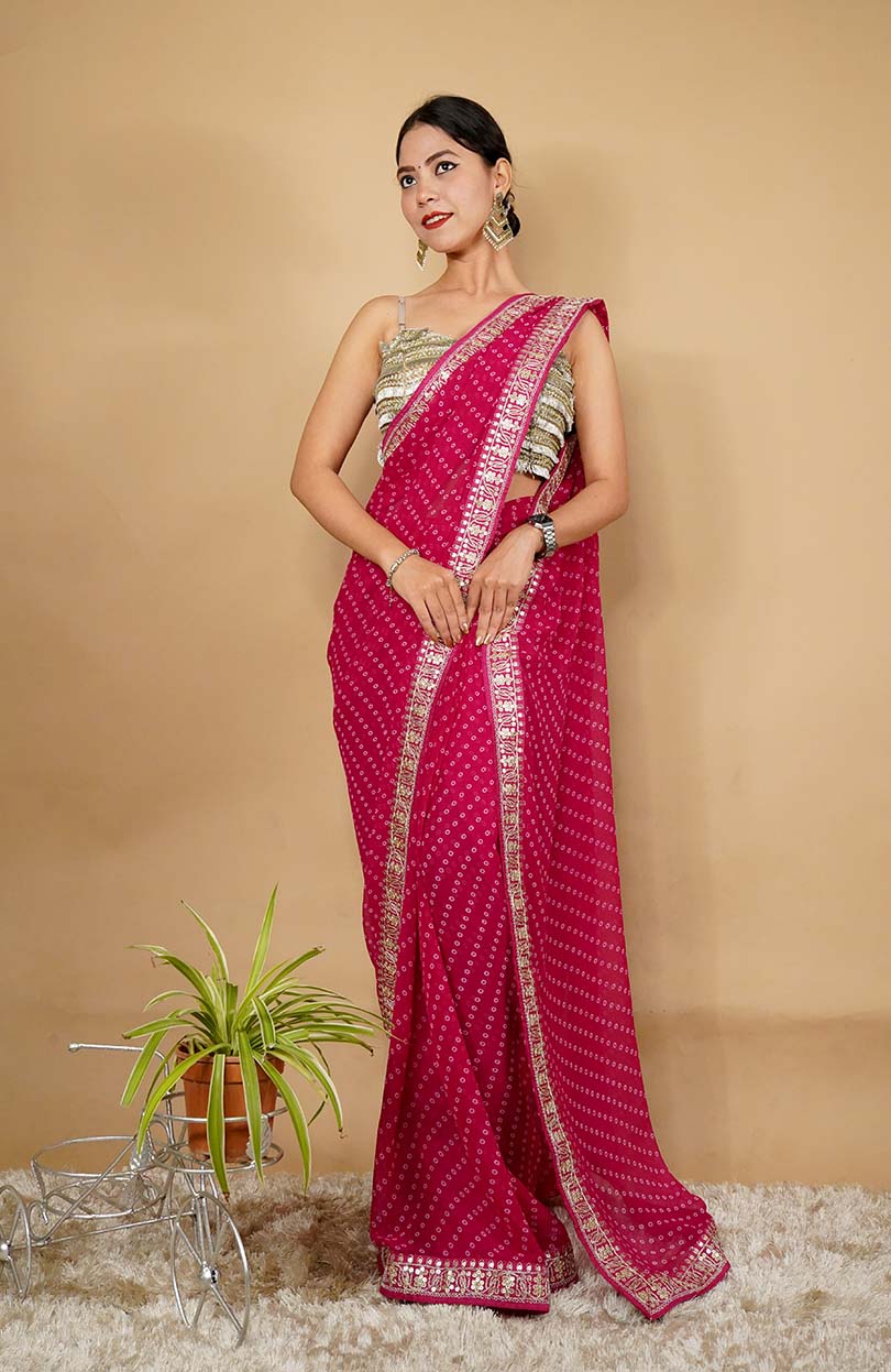 Ready To Wear Georgette Bandhani Printed & Embroidery Work In Lace Bordered Wrap In One Minute Saree