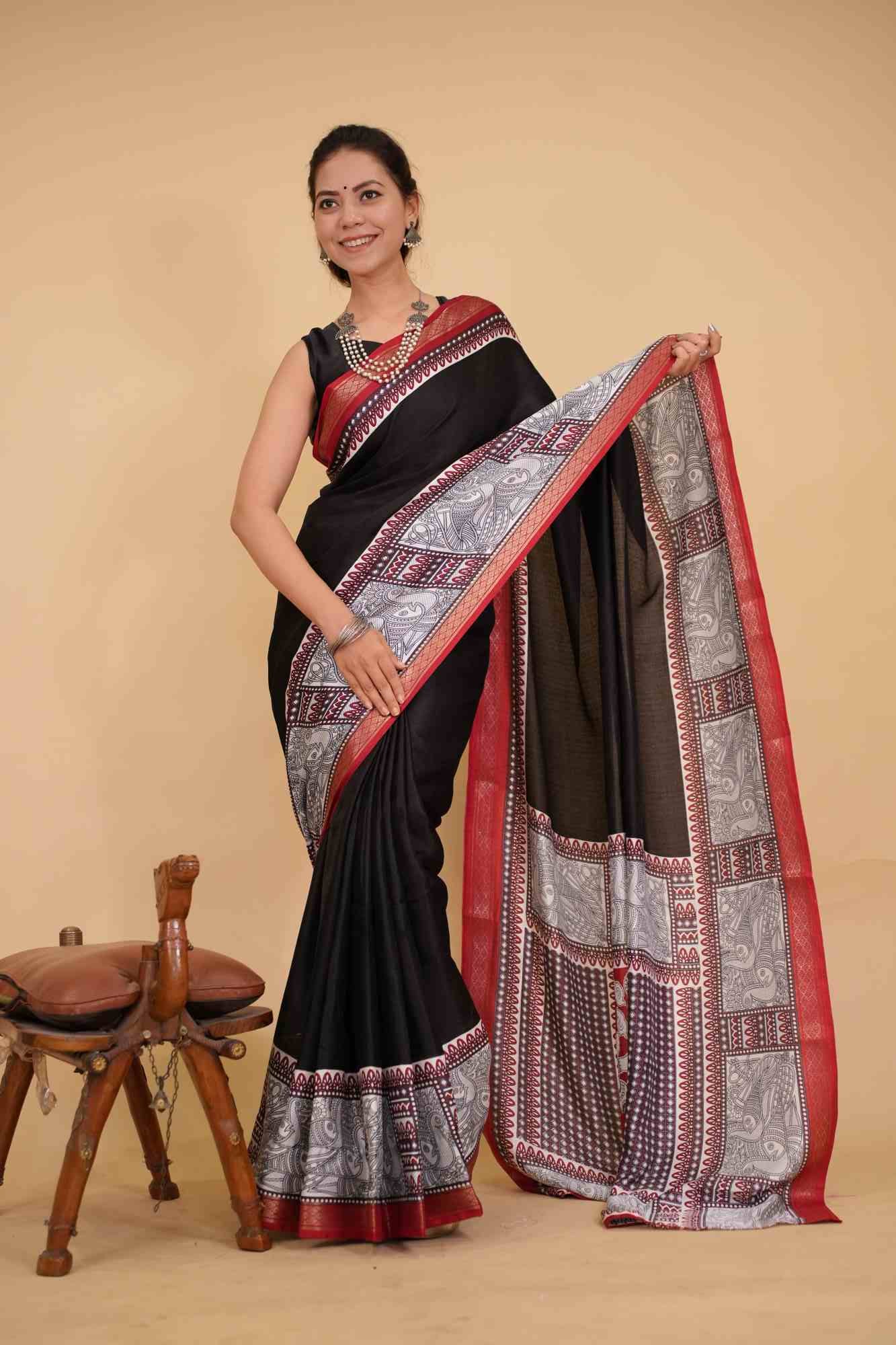 Elegant Madhubani Print Soft Cotton Saree with Self-Woven  & Zari Pattu Border Ready To Wear Saree