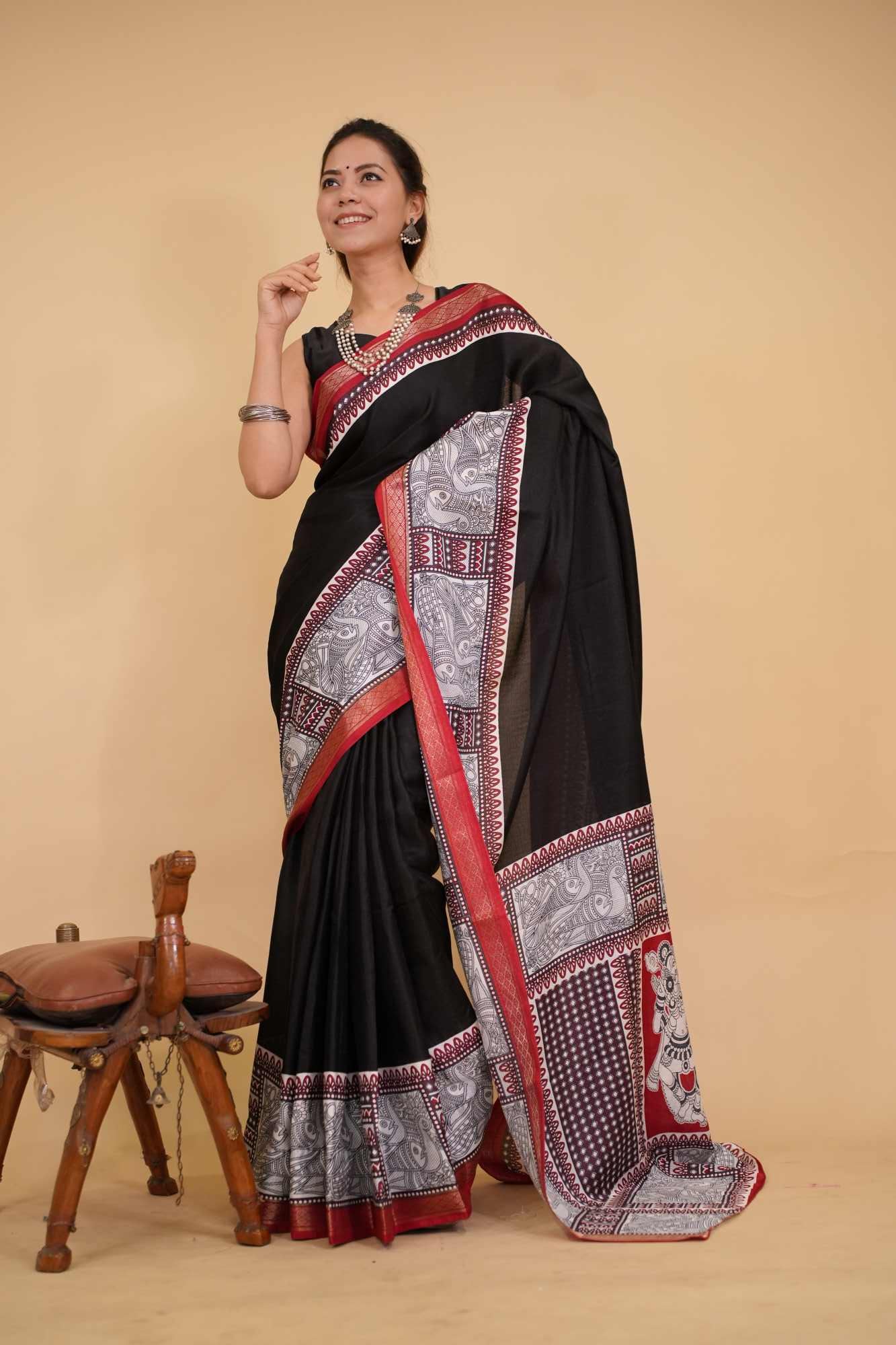 Elegant Madhubani Print Soft Cotton Saree with Self-Woven  & Zari Pattu Border Ready To Wear Saree