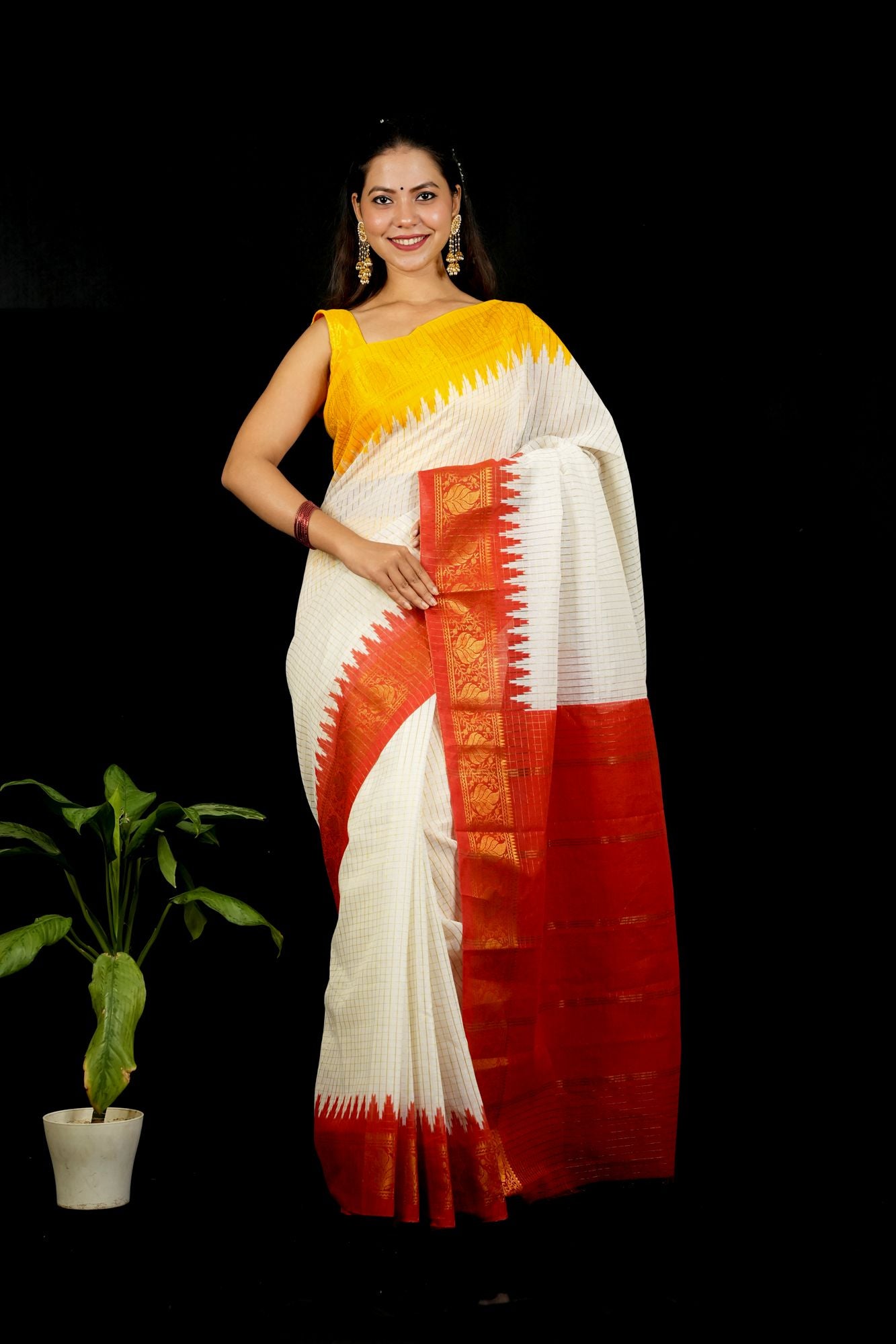 Cotton Checked with Red Pallu & Yellow Temple Ready To Wear Saree
