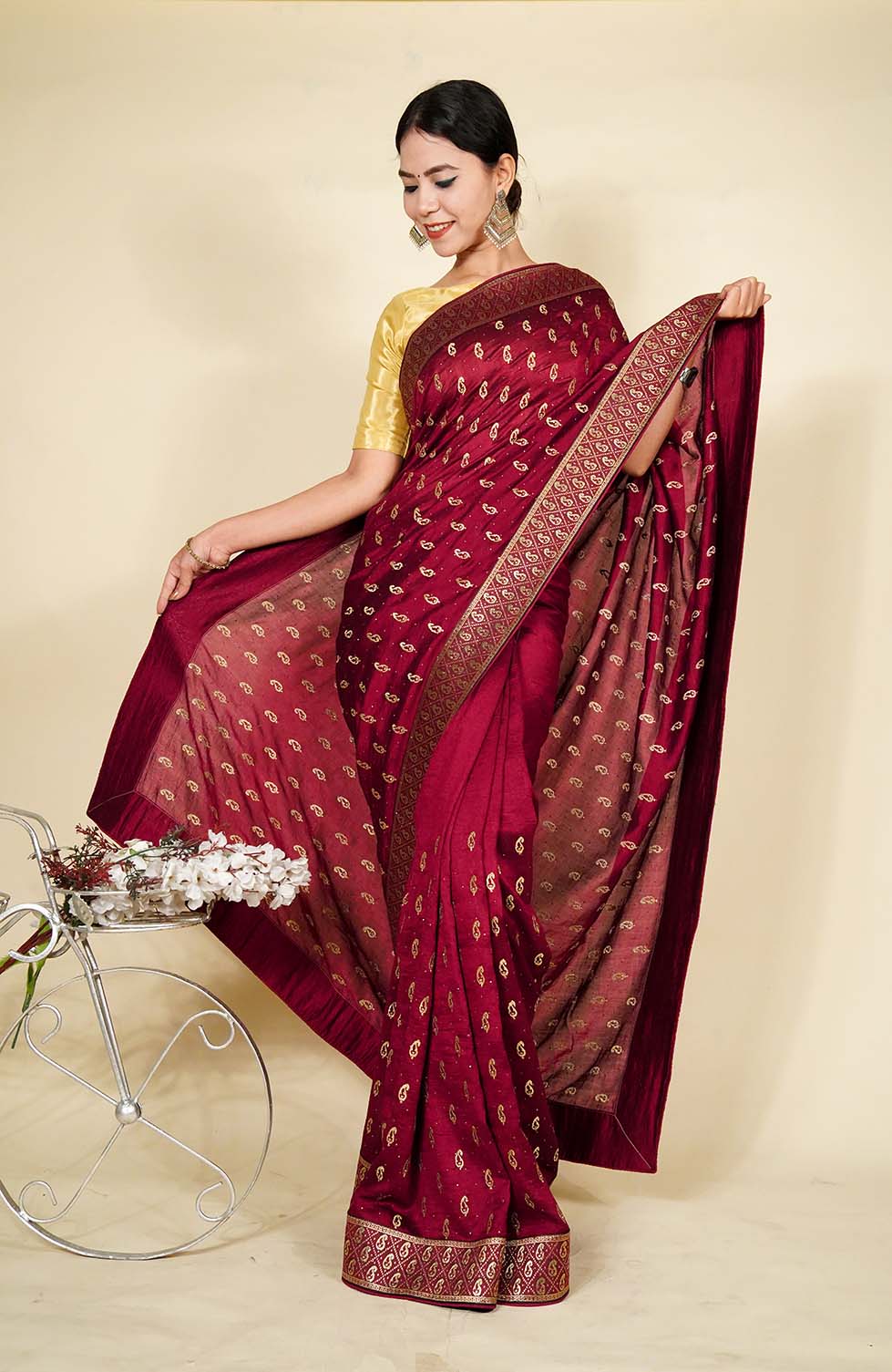 Splendid Satin Silk Stone Work Maroon Trendy Saree