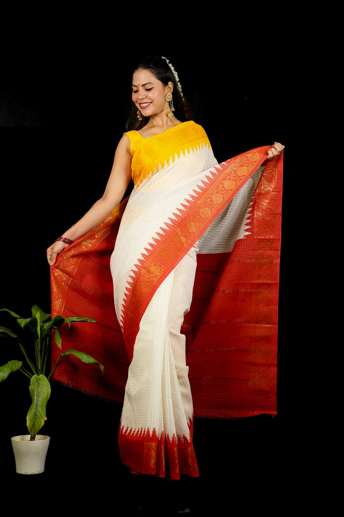 Cotton Checked with Red Pallu & Yellow Temple Ready To Wear Saree