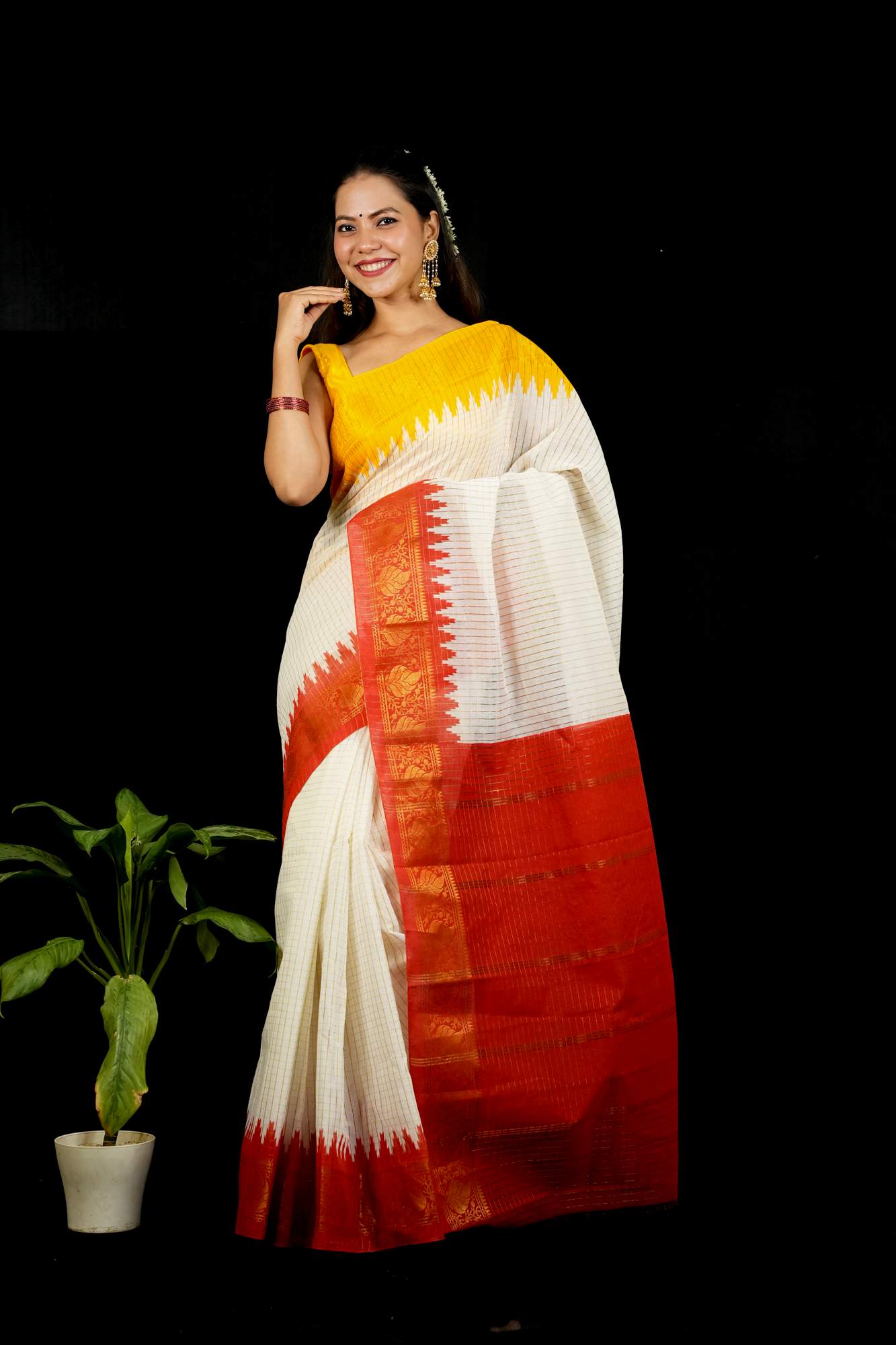 Cotton Checked with Red Pallu & Yellow Temple Ready To Wear Saree