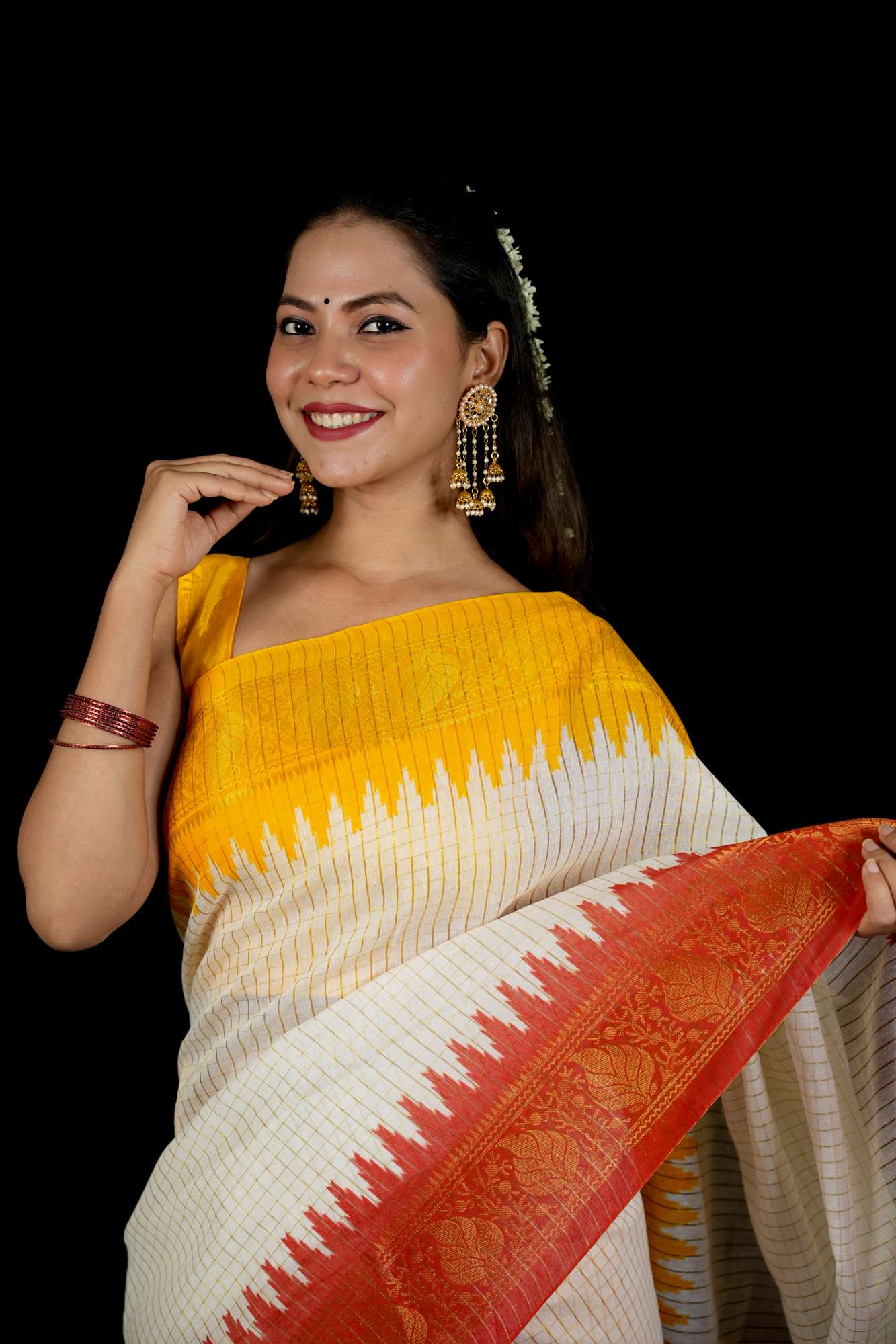 Cotton Checked with Red Pallu & Yellow Temple Ready To Wear Saree