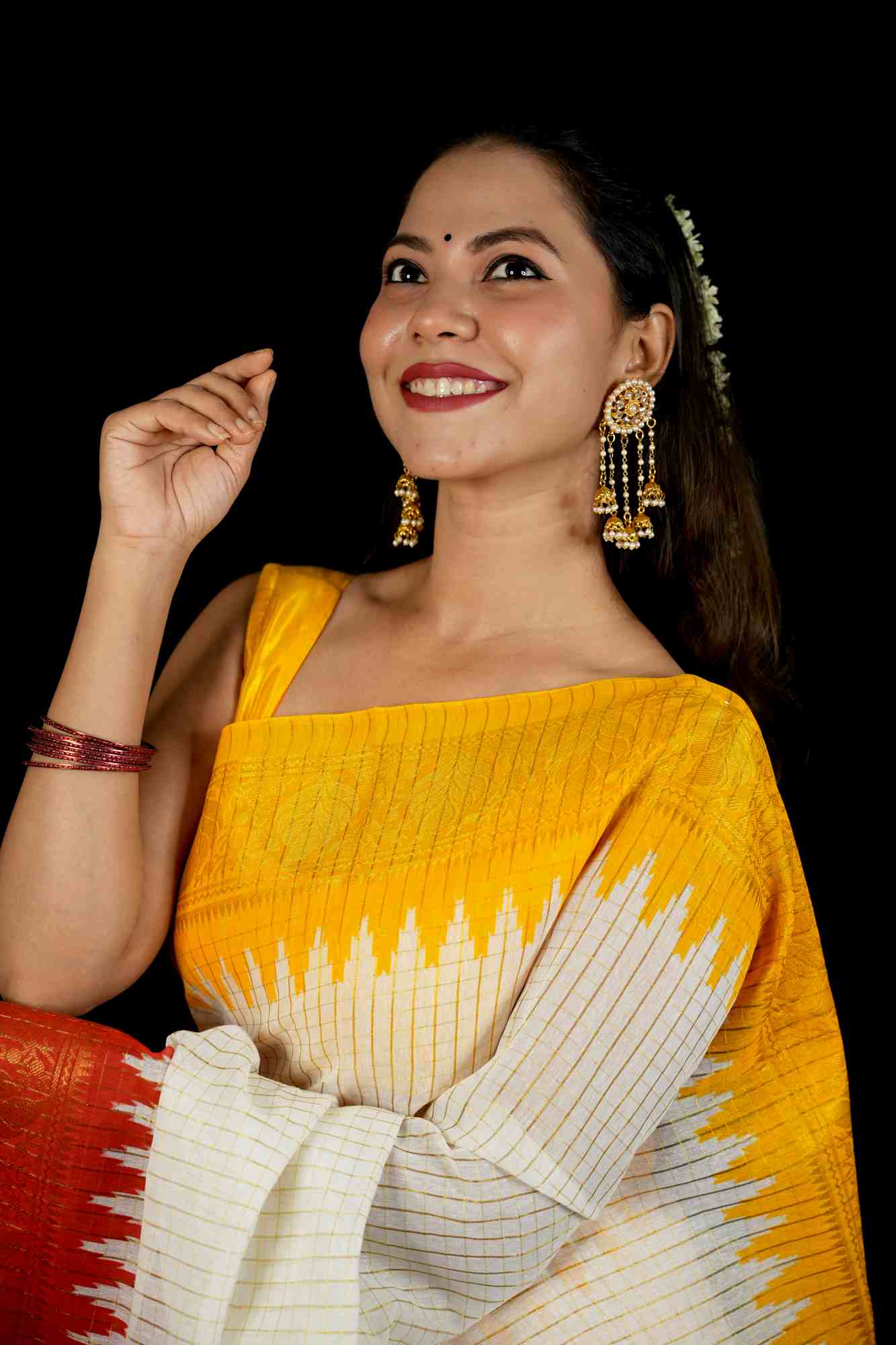 Cotton Checked with Red Pallu & Yellow Temple Ready To Wear Saree