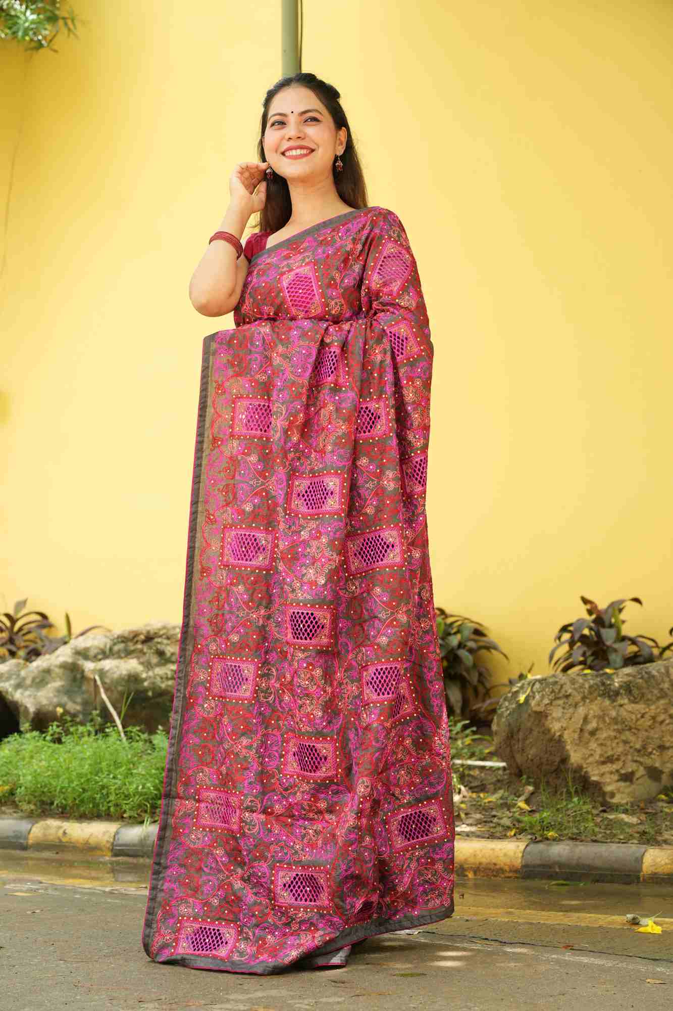 Chikankari Cutwork with Heavy Embroidered Pallu Ready To Wear Saree