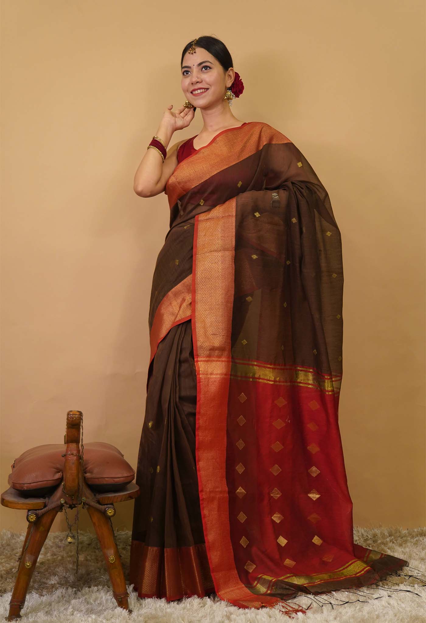 Marooon Palla Traditional Maheshwari Cotton Silk Zari Border Wrap in 1 minute saree