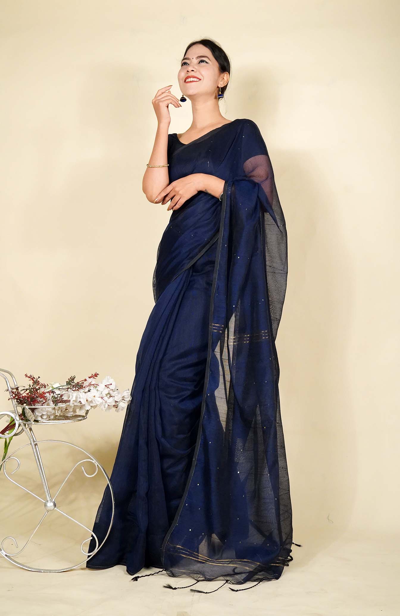 Ready to Wear Cotton Silk  With Sequin Block Work and Zari wrap in 1 minute Saree