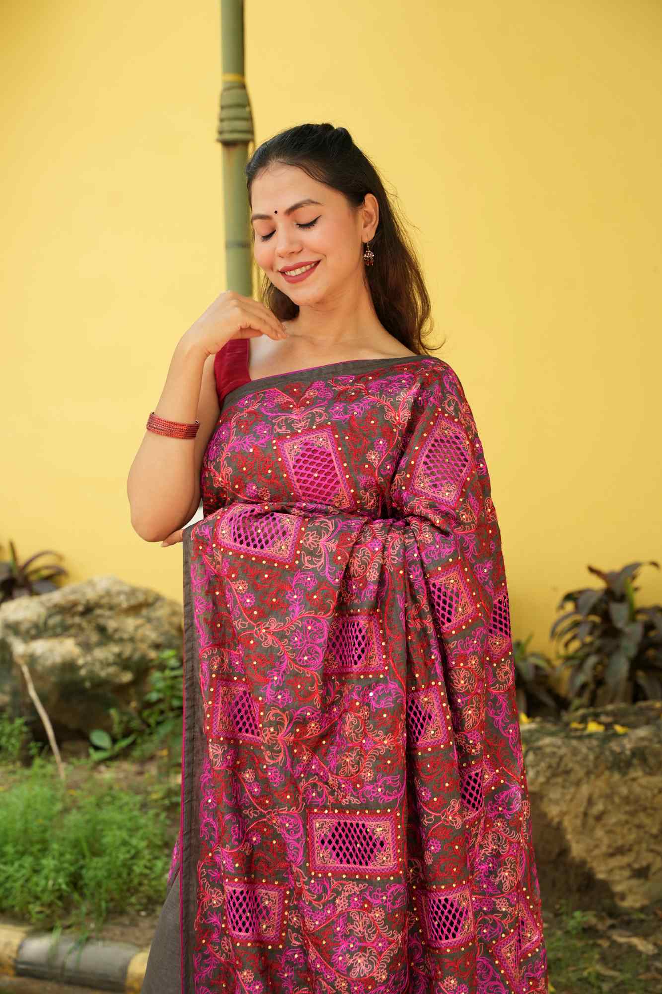 Chikankari Cutwork with Heavy Embroidered Pallu Ready To Wear Saree