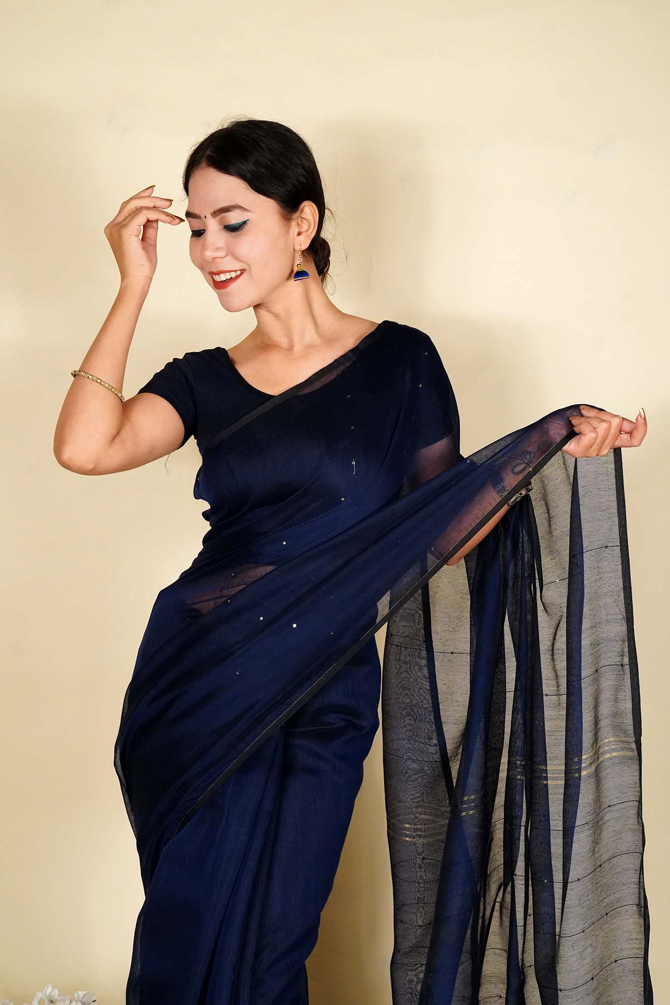 Ready to Wear Cotton Silk  With Sequin Block Work and Zari wrap in 1 minute Saree
