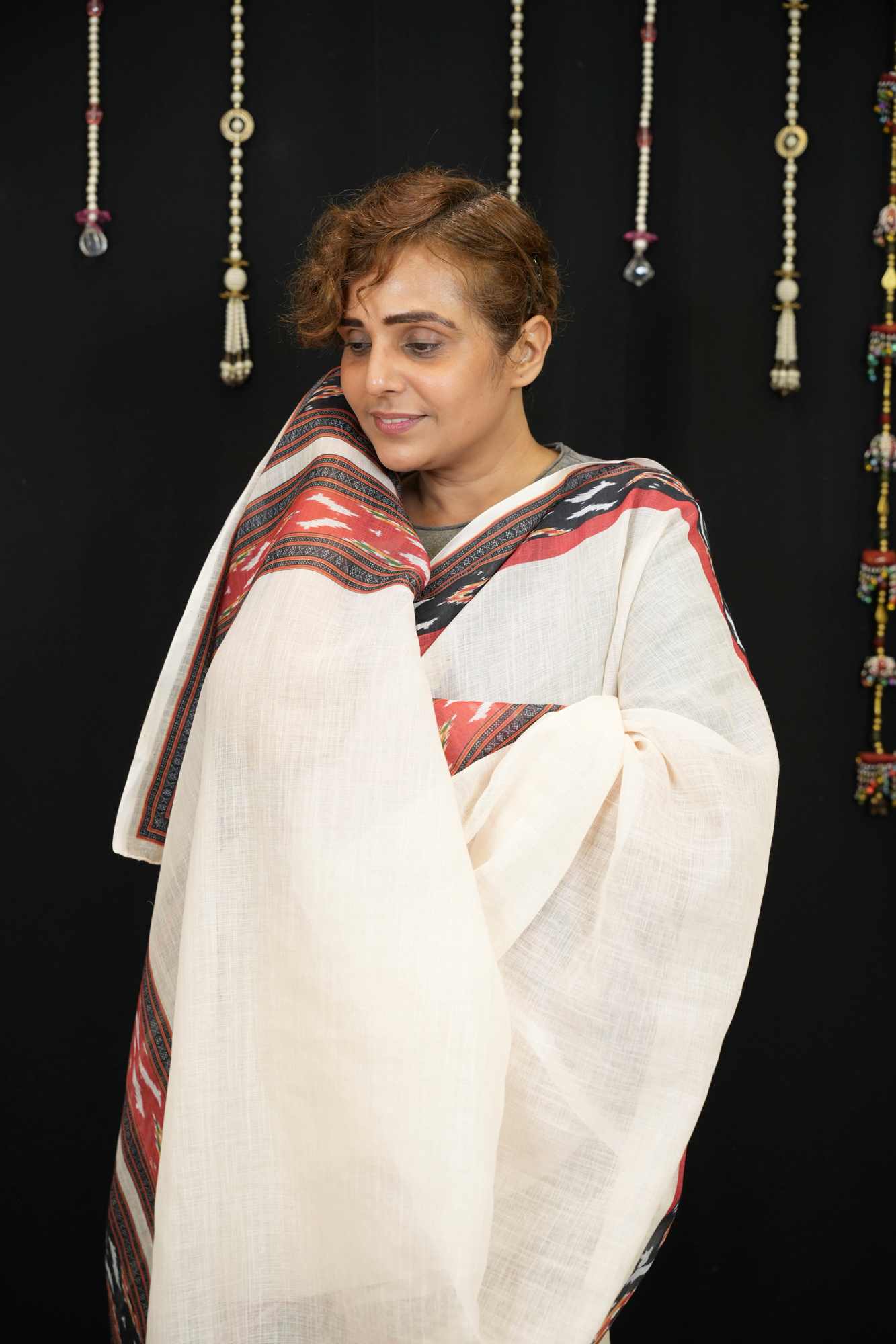 Cotton Ajrakh in Off-White with Rust & Black Vegetable-Dyed Ready To Wear Saree