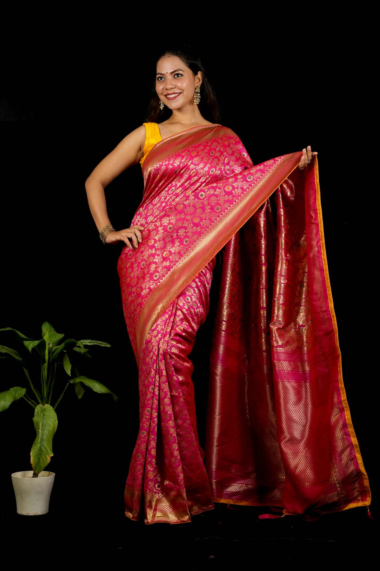 Banarasi Inspired Intricate Zari Weaving and Grand Borders Ready To Wear Saree