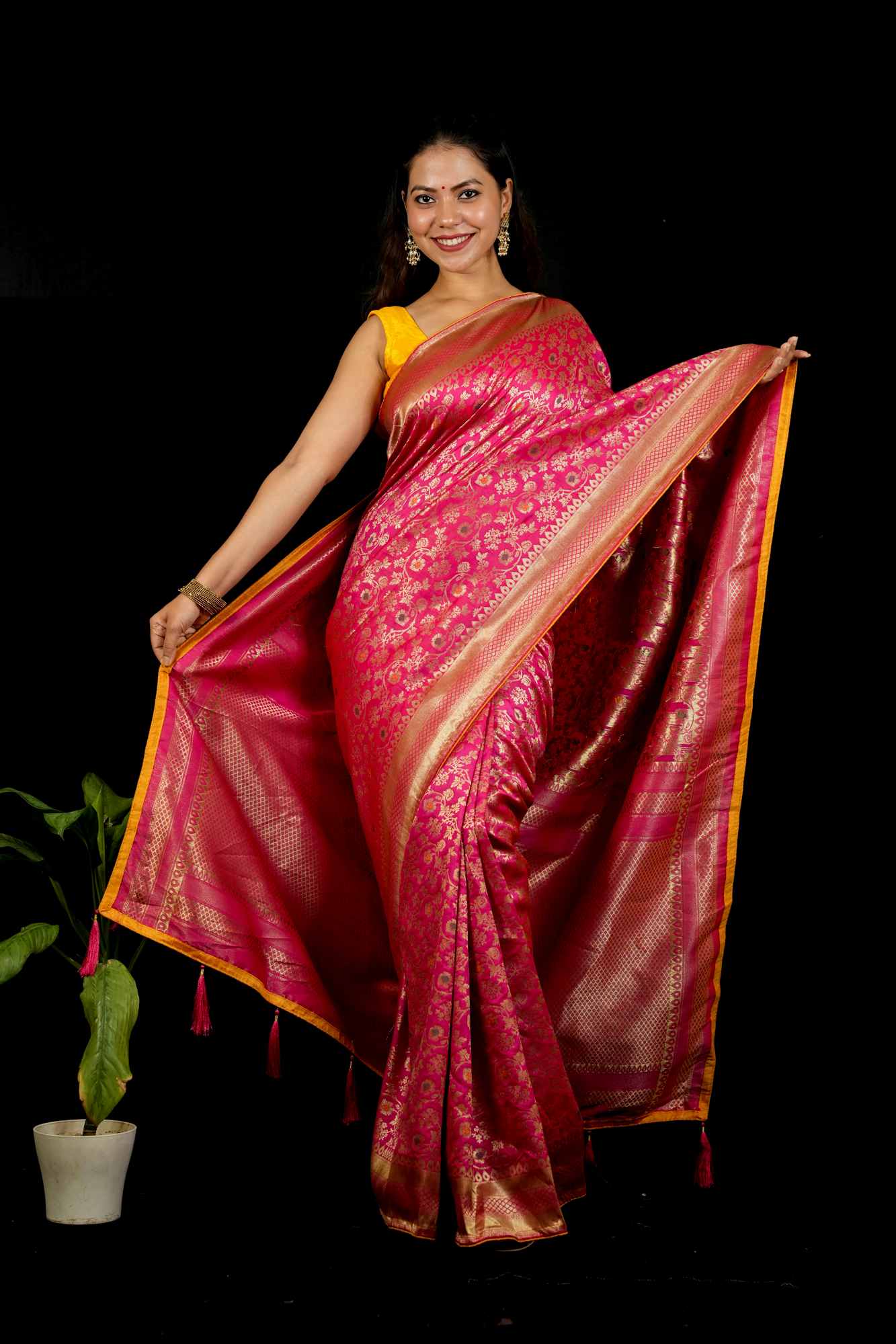 Banarasi Inspired Intricate Zari Weaving and Grand Borders Ready To Wear Saree