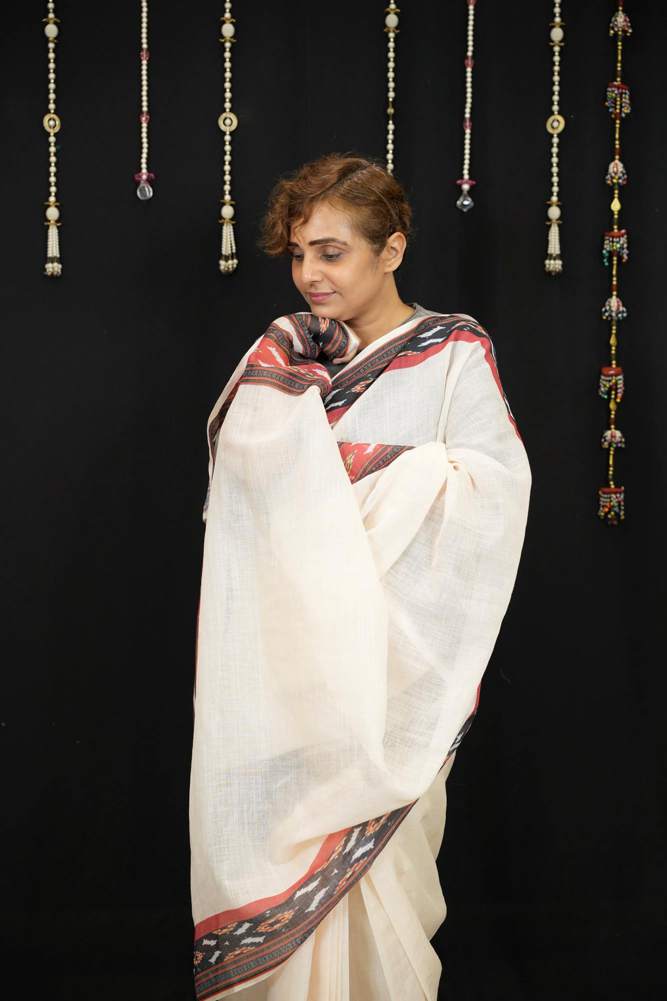 Cotton Ajrakh in Off-White with Rust & Black Vegetable-Dyed Ready To Wear Saree