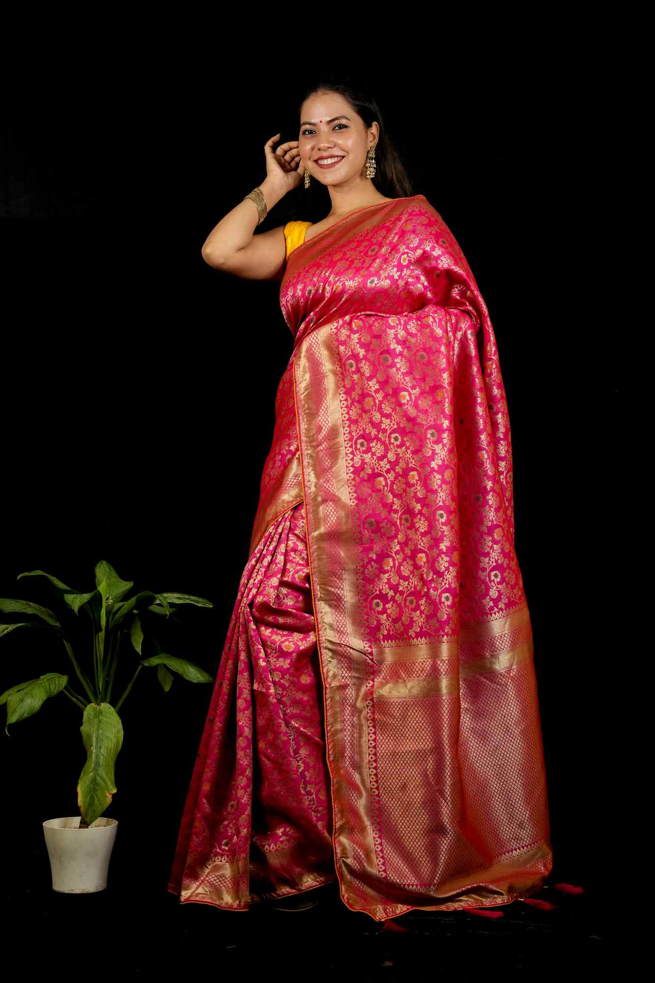 Banarasi Inspired Intricate Zari Weaving and Grand Borders Ready To Wear Saree