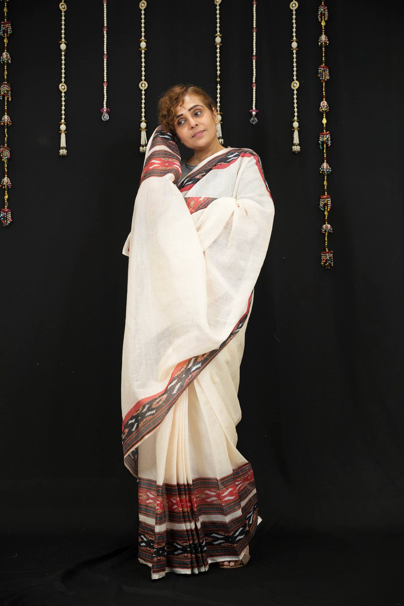 Cotton Ajrakh in Off-White with Rust & Black Vegetable-Dyed Ready To Wear Saree