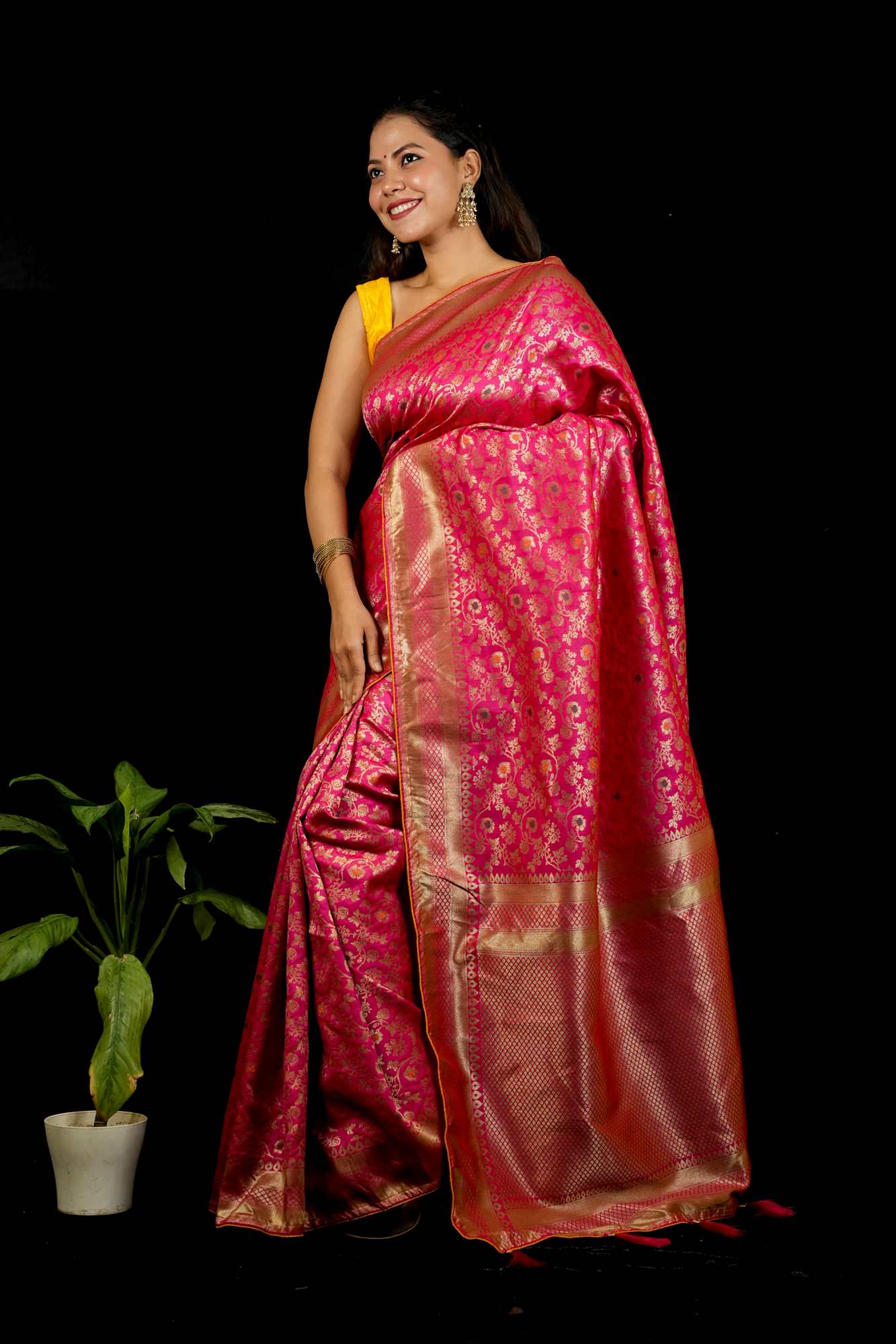 Banarasi Inspired Intricate Zari Weaving and Grand Borders Ready To Wear Saree
