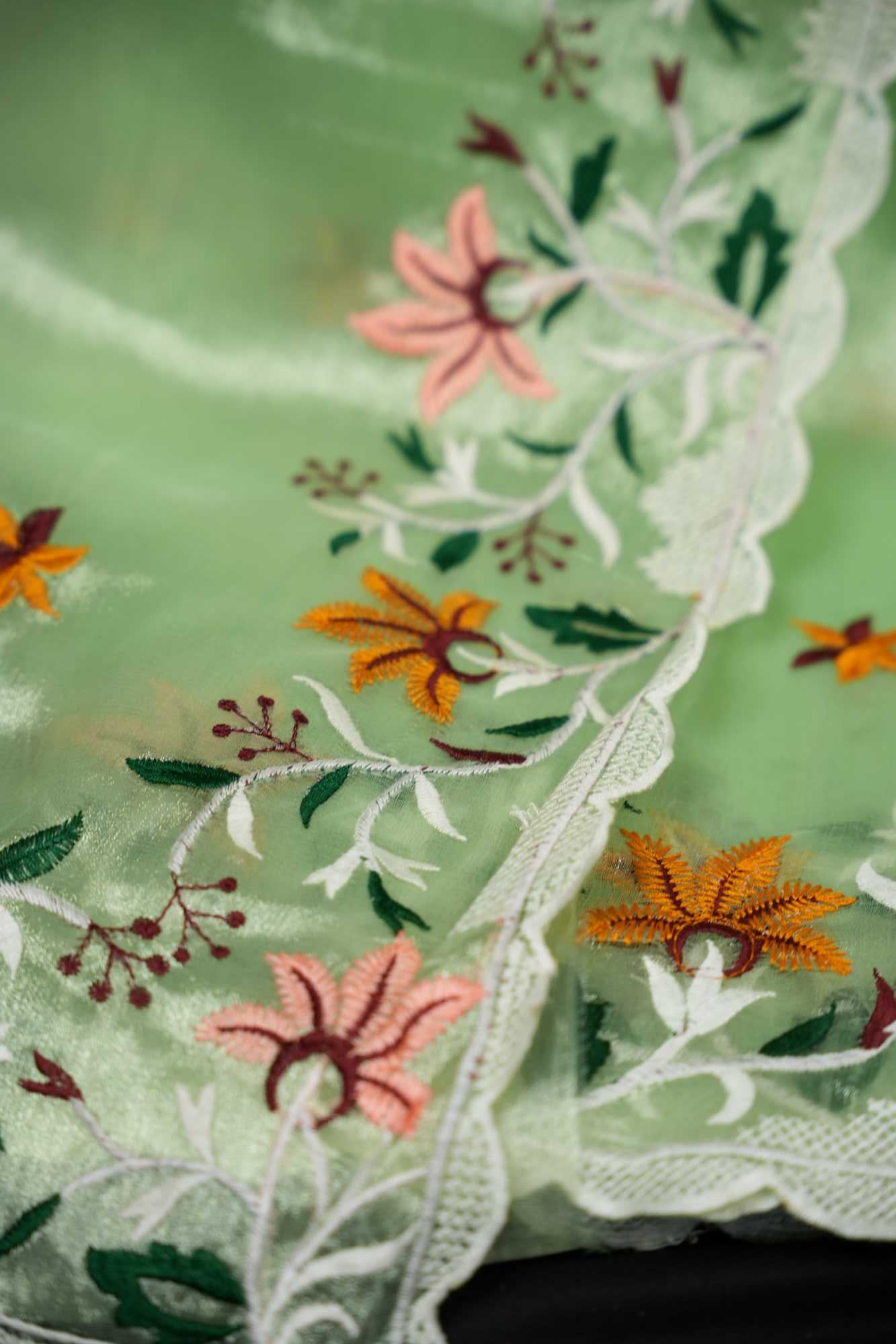 Organza Silk  Scalloped Border with Overall Floral  Thread Embroidery Wrap in 1 minute Saree