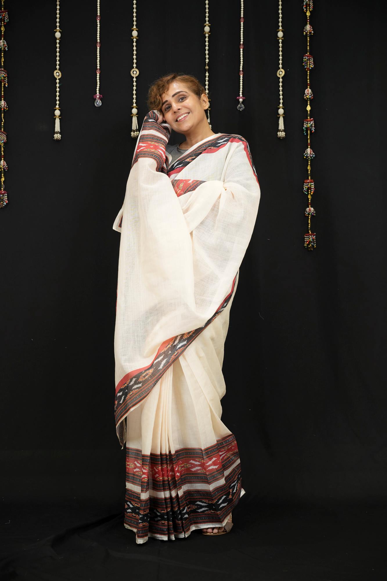 Cotton Ajrakh in Off-White with Rust & Black Vegetable-Dyed Ready To Wear Saree