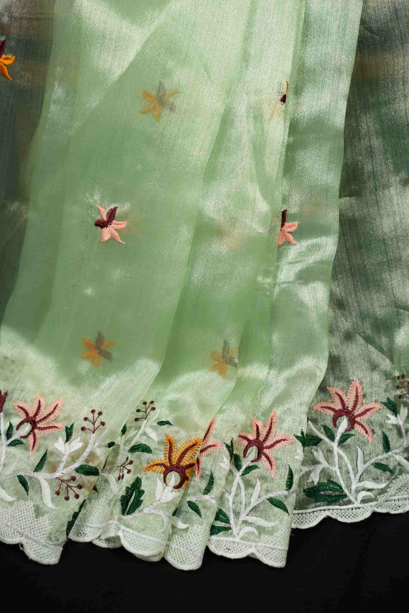 Organza Silk  Scalloped Border with Overall Floral  Thread Embroidery Wrap in 1 minute Saree