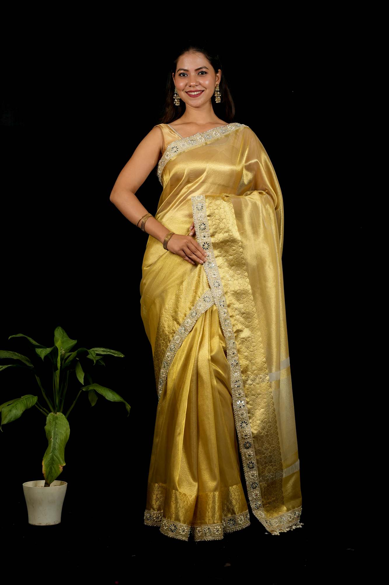 Golden Tissue Silk with Intricate Weaving & Mirror-Work Border Ready To Wear Saree