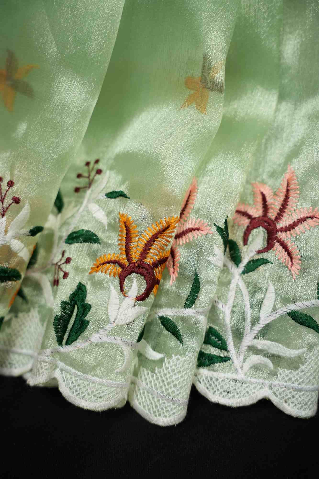 Organza Silk  Scalloped Border with Overall Floral  Thread Embroidery Wrap in 1 minute Saree