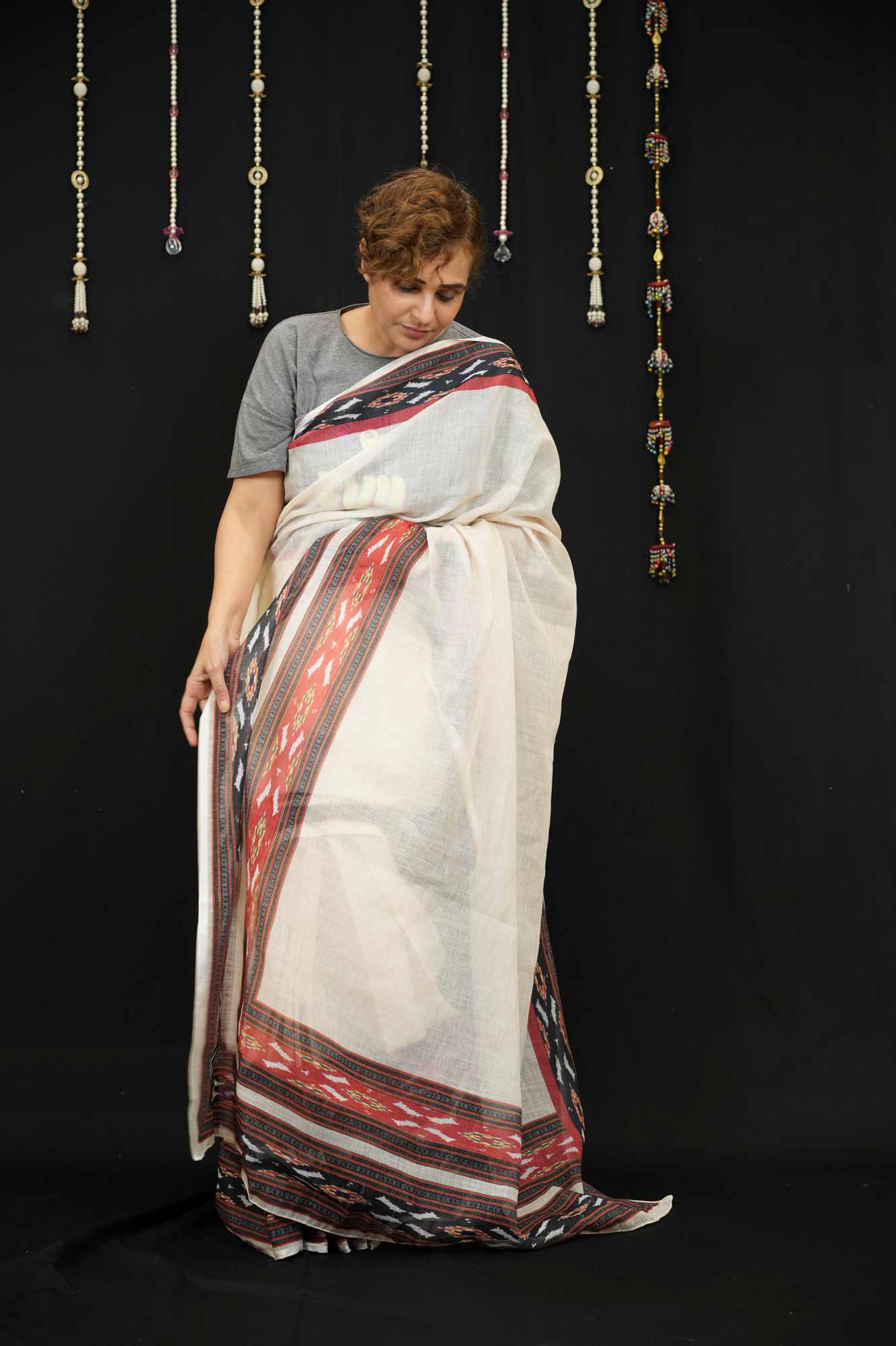 Cotton Ajrakh in Off-White with Rust & Black Vegetable-Dyed Ready To Wear Saree