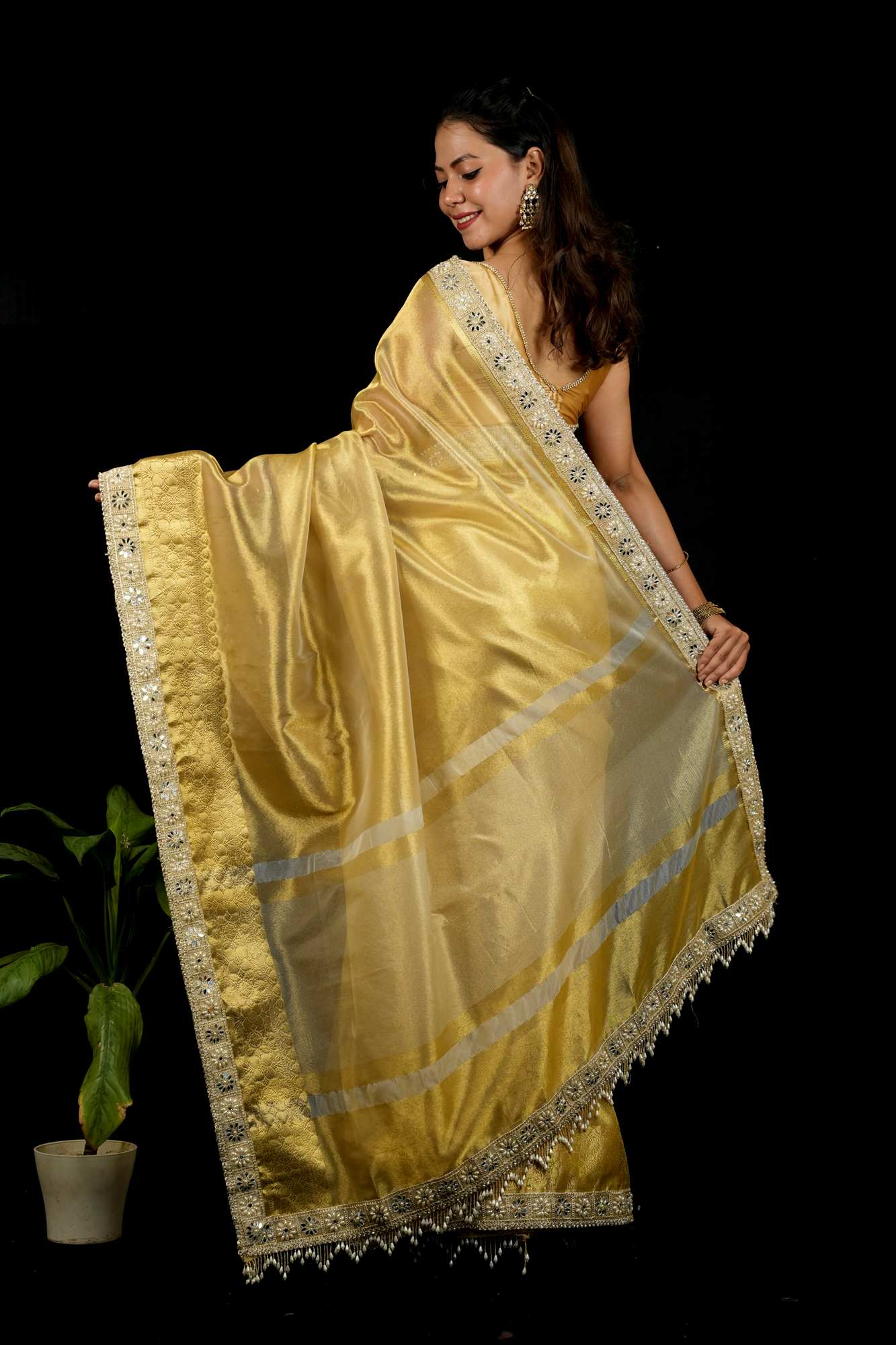 Golden Tissue Silk with Intricate Weaving & Mirror-Work Border Ready To Wear Saree