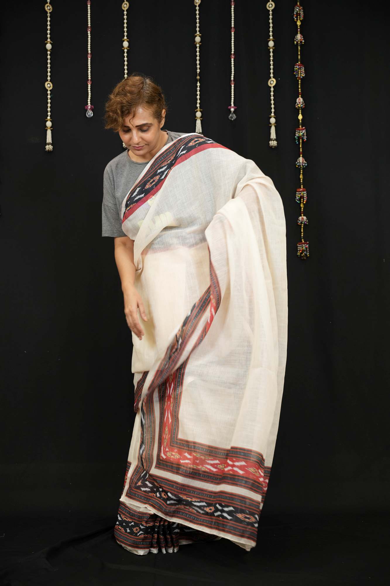 Cotton Ajrakh in Off-White with Rust & Black Vegetable-Dyed Ready To Wear Saree