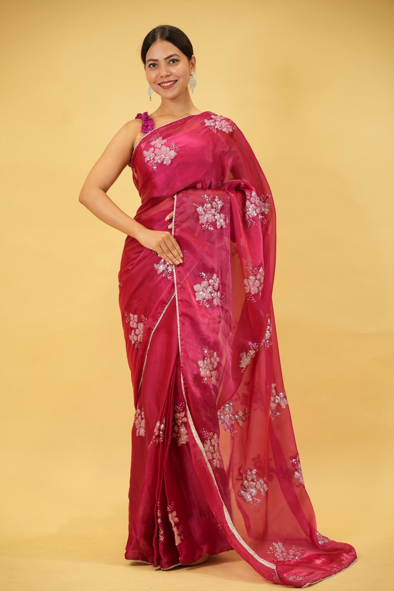 Beautiful Soft Jimi Chu chiffon silk ready to wear Saree with Embroidery, Sequins Work & Cutwork Border Wrap in 1 minute saree