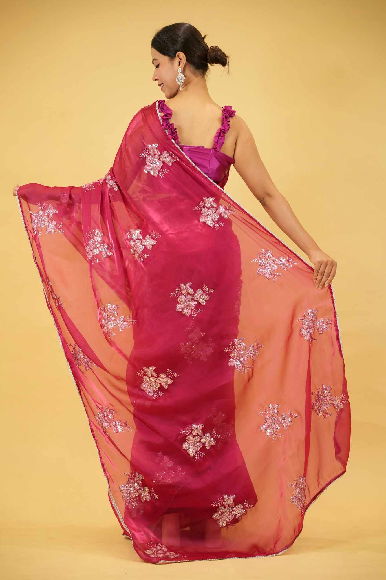 Beautiful Soft Jimi Chu chiffon silk ready to wear Saree with Embroidery, Sequins Work & Cutwork Border Wrap in 1 minute saree