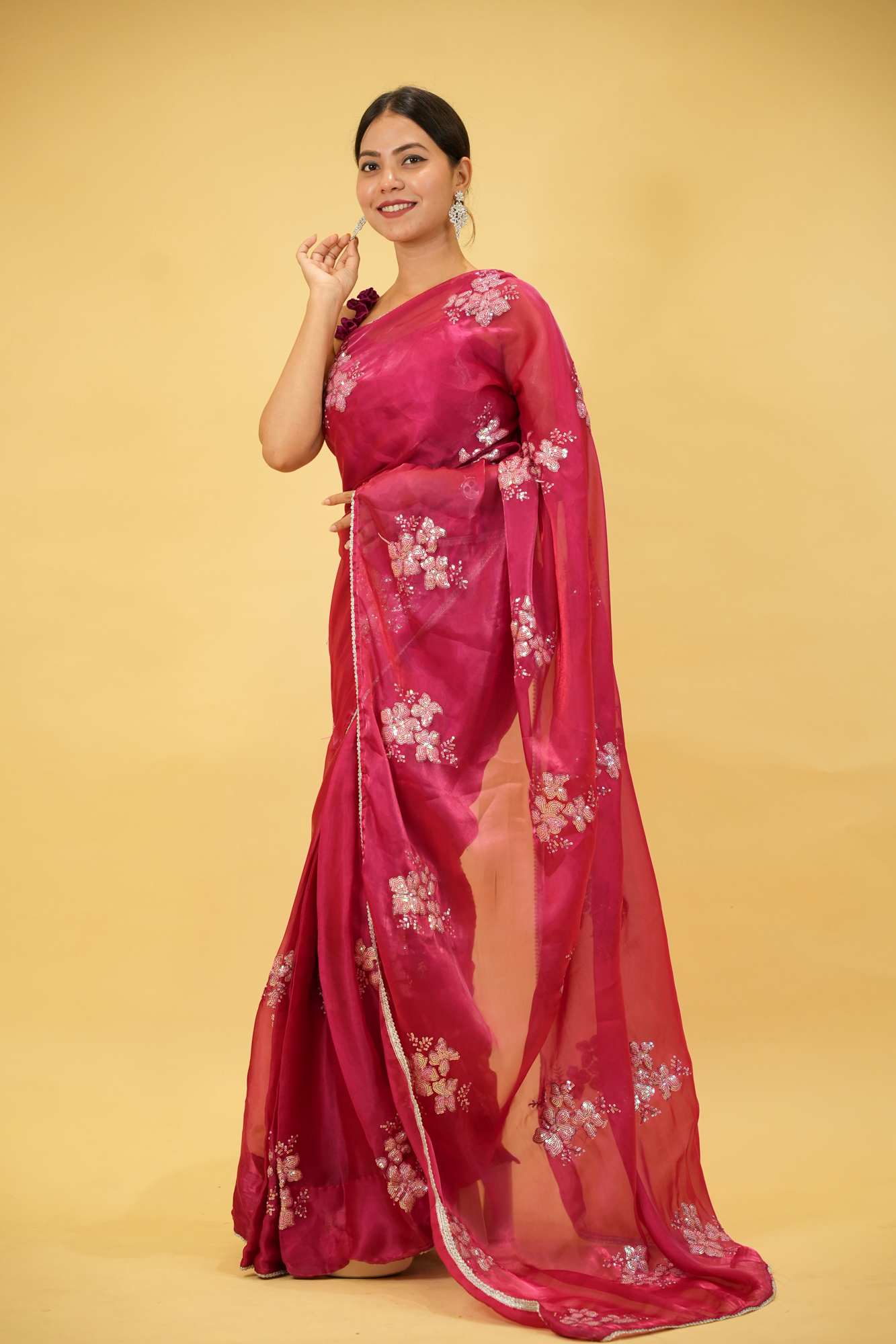 Beautiful Soft Jimi Chu chiffon silk ready to wear Saree with Embroidery, Sequins Work & Cutwork Border Wrap in 1 minute saree