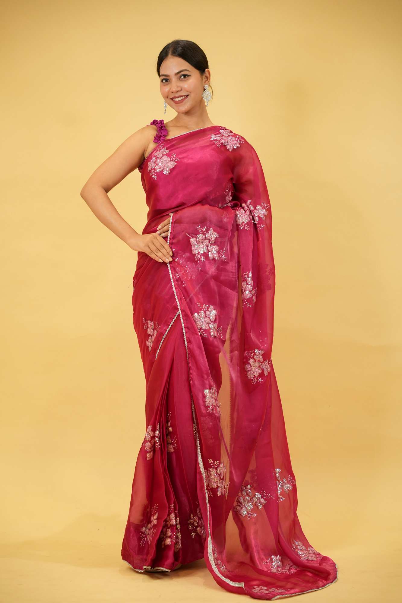 Beautiful Soft Jimi Chu chiffon silk ready to wear Saree with Embroidery, Sequins Work & Cutwork Border Wrap in 1 minute saree