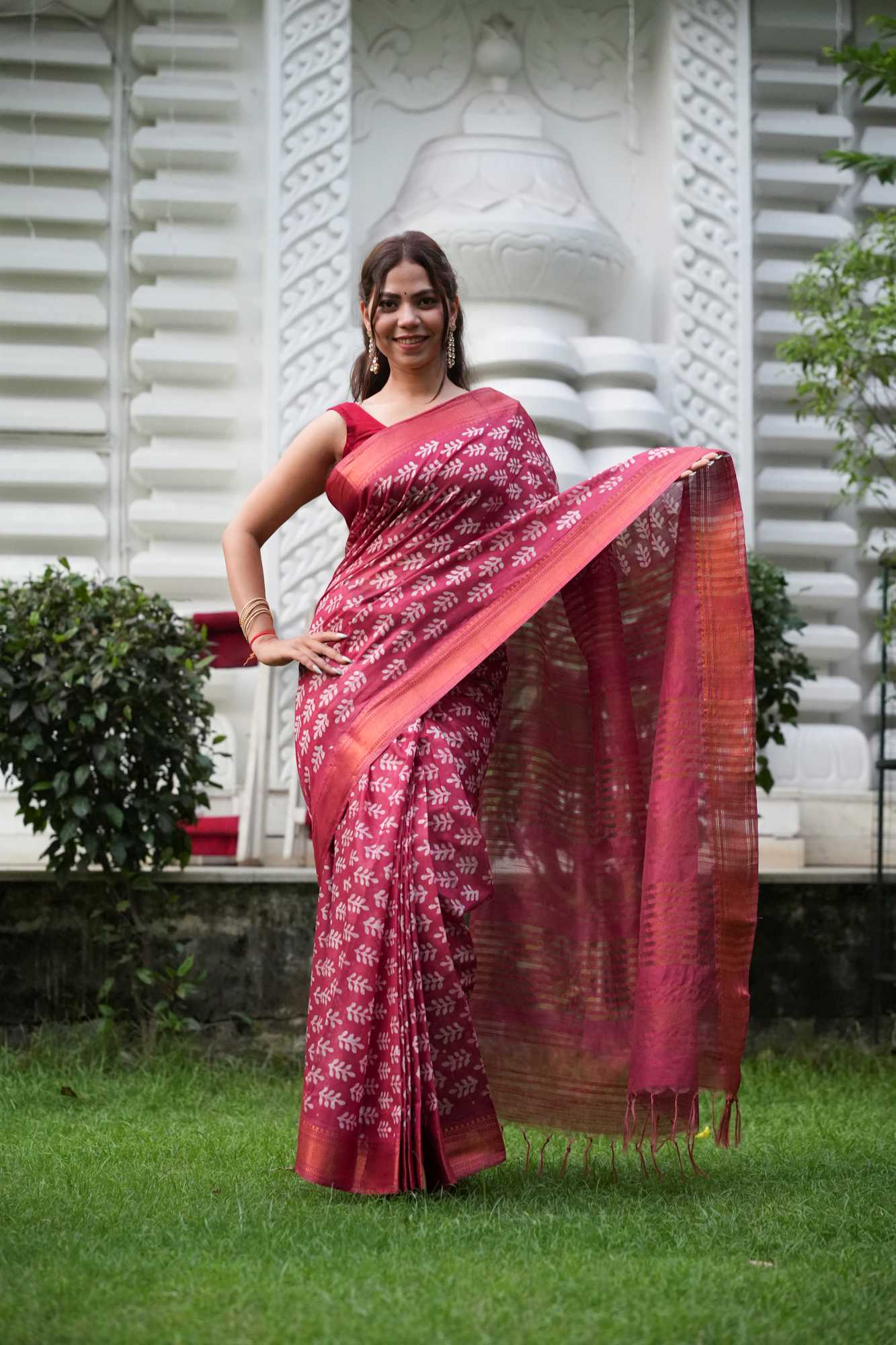 Red Kota Silk with Gold Zari Border & Tassels Ready To Wear Saree