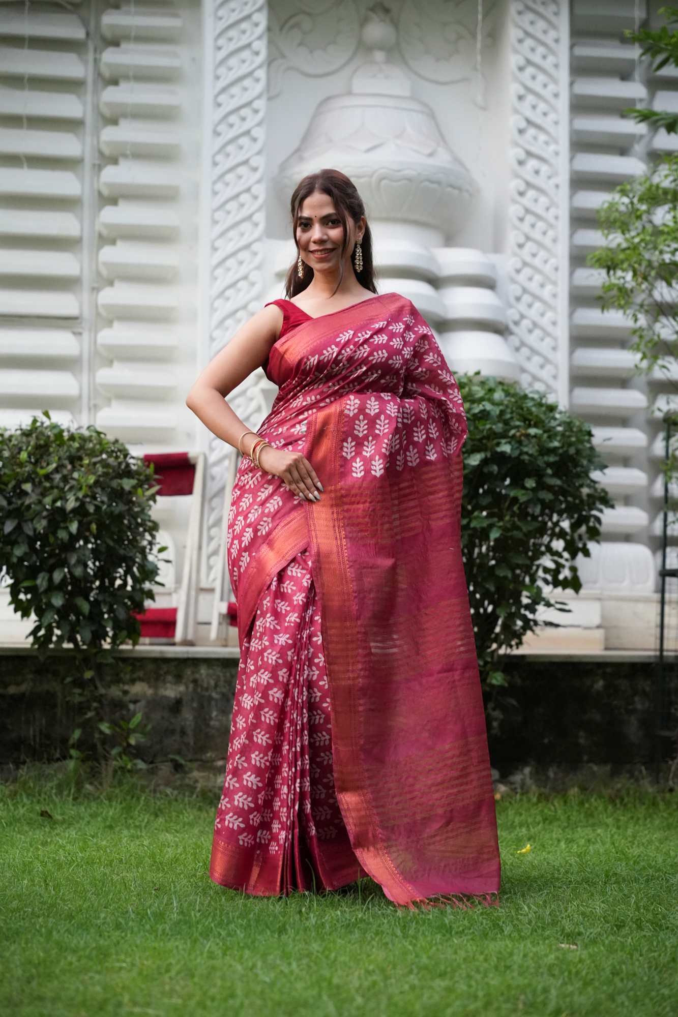 Red Kota Silk with Gold Zari Border & Tassels Ready To Wear Saree