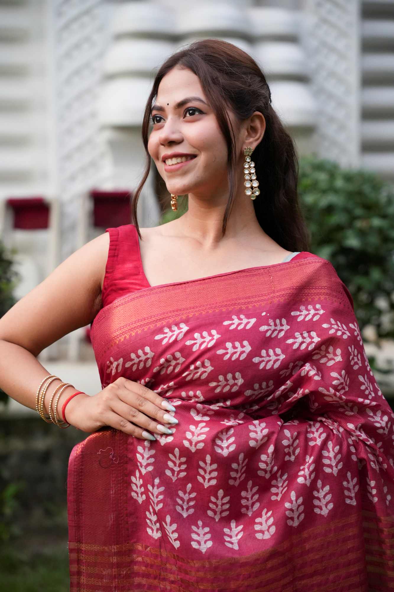 Red Kota Silk with Gold Zari Border & Tassels Ready To Wear Saree